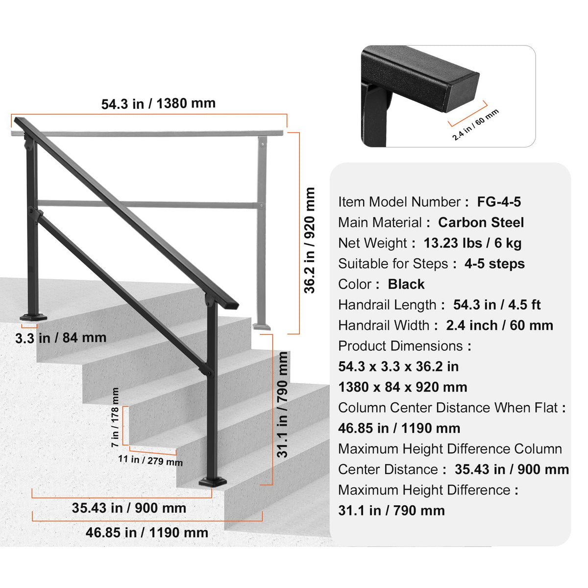 Outdoor Handrails for Steps, 4-5 Step Stair Rail Kit, Black Square Tube with Horizontal Bar, Carbon Steel Support Rails for Seniors, Concrete & Deck Stairs, Easy Installation
