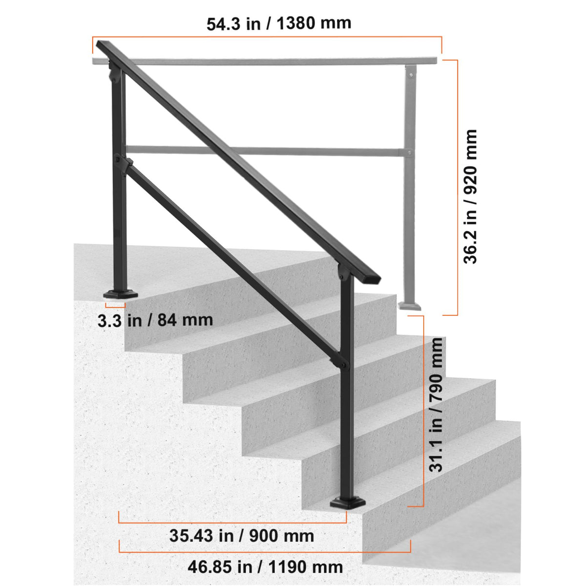 Outdoor Handrails for Steps, 4-5 Step Stair Rail Kit, Black Square Tube with Horizontal Bar, Carbon Steel Support Rails for Seniors, Concrete & Deck Stairs, Easy Installation