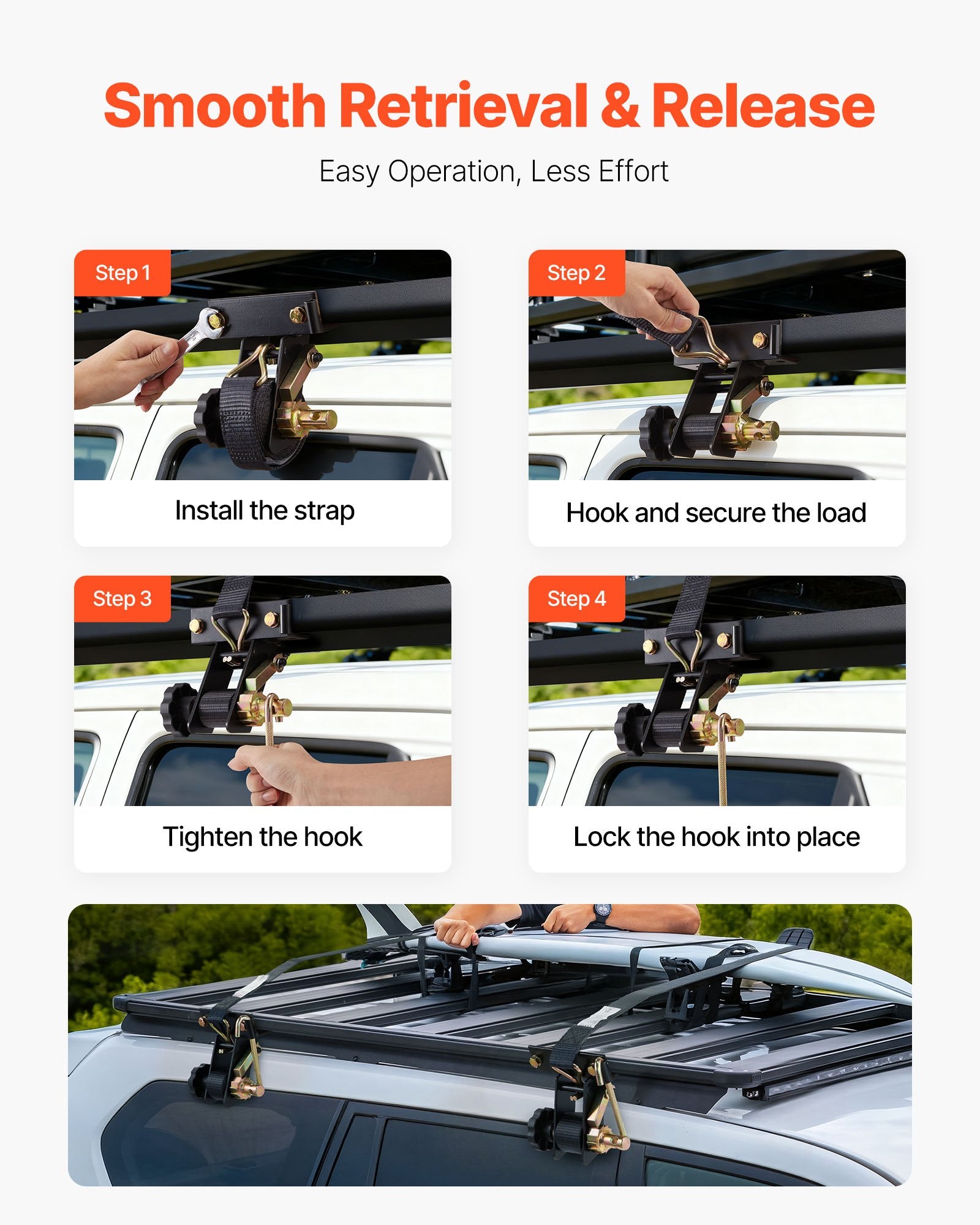 Test Kits: VEVOR Ladder Rack Ratchet Straps, Black Square Tube Mount, 38 mm Wide x 2.25 m Long Black Ladder Rack Straps with Double J-Hooks, 226.8 kg Load Heavy Duty, Cargo Buckle Lock Strap (4 Pack)