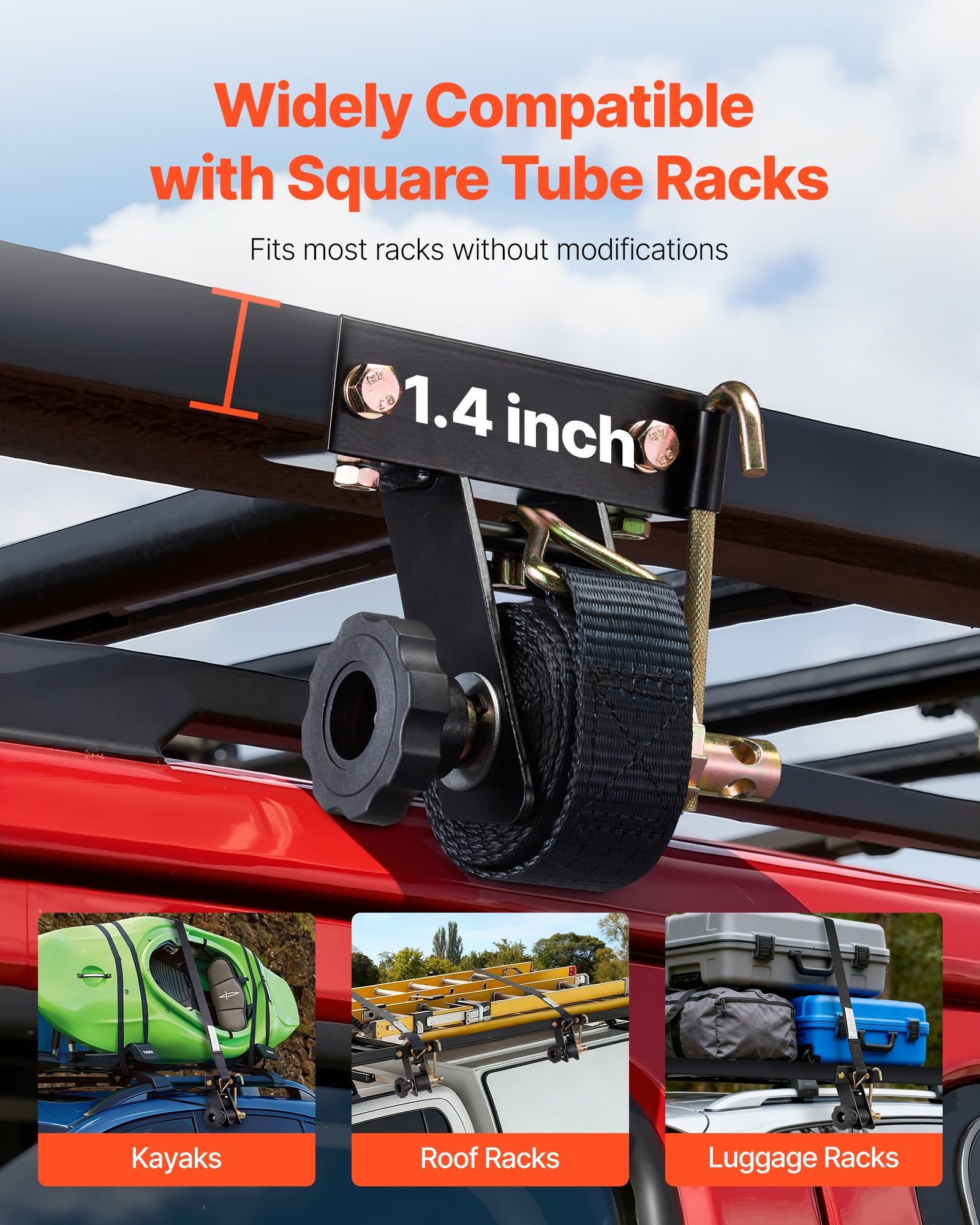 Test Kits: VEVOR Ladder Rack Ratchet Straps, Black Square Tube Mount, 38 mm Wide x 2.25 m Long Black Ladder Rack Straps with Double J-Hooks, 226.8 kg Load Heavy Duty, Cargo Buckle Lock Strap (4 Pack)