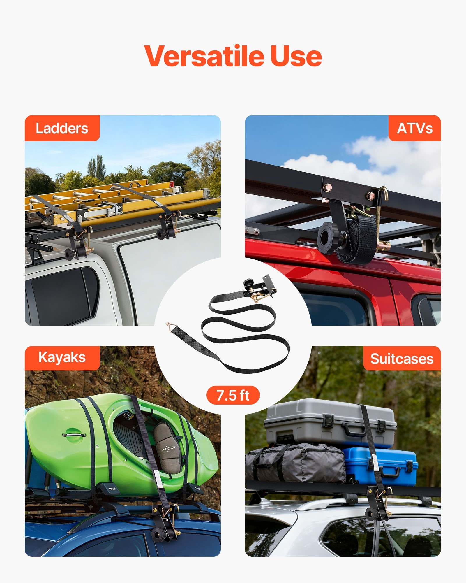 Test Kits: VEVOR Ladder Rack Ratchet Straps, Black Square Tube Mount, 38 mm Wide x 2.25 m Long Black Ladder Rack Straps with Double J-Hooks, 226.8 kg Load Heavy Duty, Cargo Buckle Lock Strap (4 Pack)