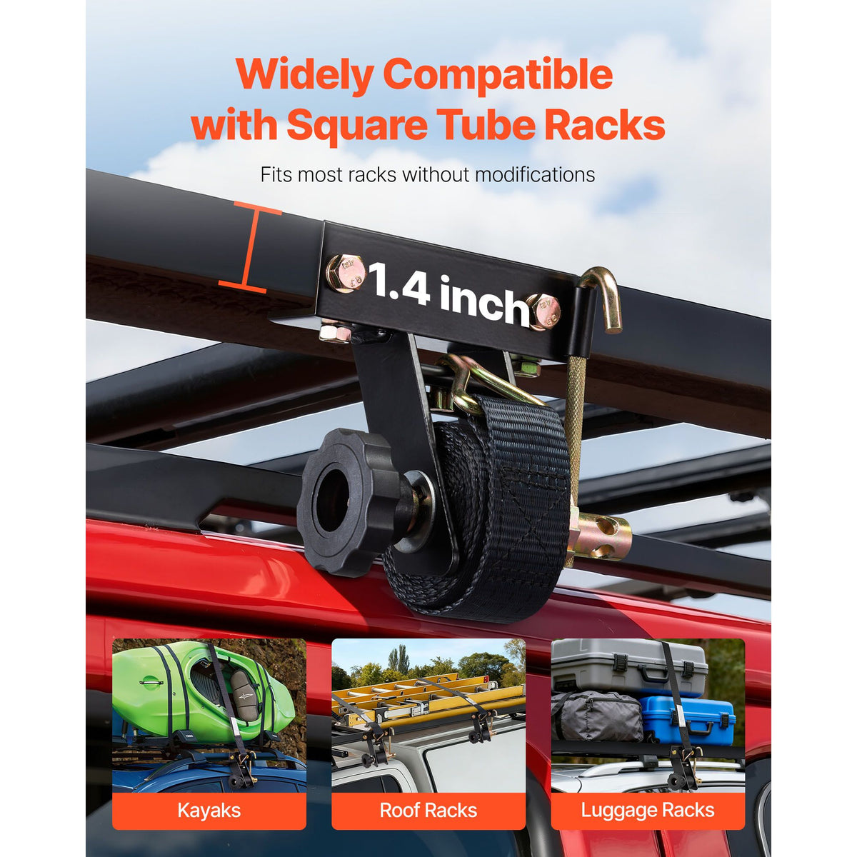 Ladder Rack Ratchet Straps, Black Square Tube Mount, 38 mm Wide x 2.25 m Long Black Ladder Rack Straps with Double J-Hooks, 226.8 kg Load Heavy Duty, Cargo Buckle Lock Strap (8 Pack)
