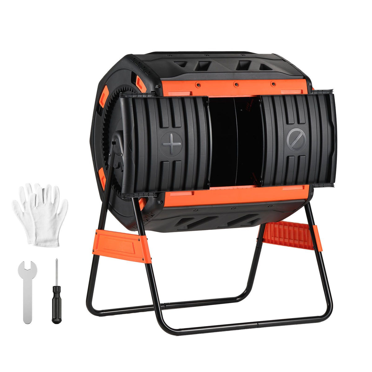 Compost Tumbler, 200L Dual Chamber Outdoor Tumbling Composter with 2 Sliding Doors and Aeration System, Large Easy-Turn Fast Rotating Composting Bin for Outside, Garden, Kitchen, and Yard Waste