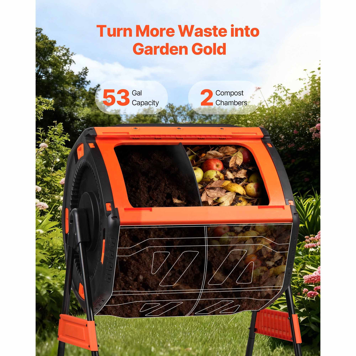 Compost Tumbler, 200L Dual Chamber Outdoor Tumbling Composter with 2 Sliding Doors and Aeration System, Large Easy-Turn Fast Rotating Composting Bin for Outside, Garden, Kitchen, and Yard Waste