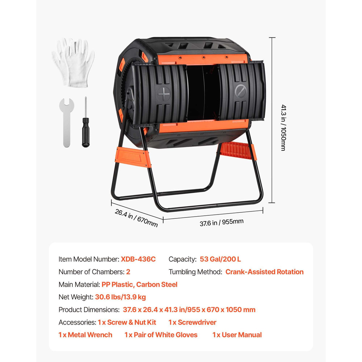 Compost Tumbler, 200L Dual Chamber Outdoor Tumbling Composter with 2 Sliding Doors and Aeration System, Large Easy-Turn Fast Rotating Composting Bin for Outside, Garden, Kitchen, and Yard Waste