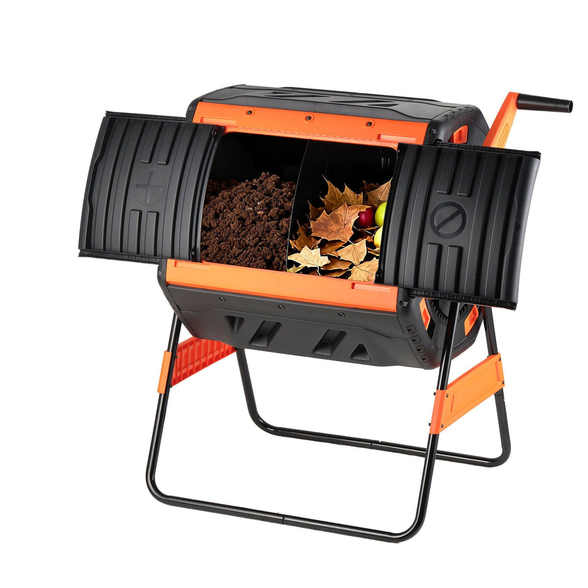 Compost Tumbler, 200L Dual Chamber Outdoor Tumbling Composter with 2 Sliding Doors and Aeration System, Large Easy-Turn Fast Rotating Composting Bin for Outside, Garden, Kitchen, and Yard Waste