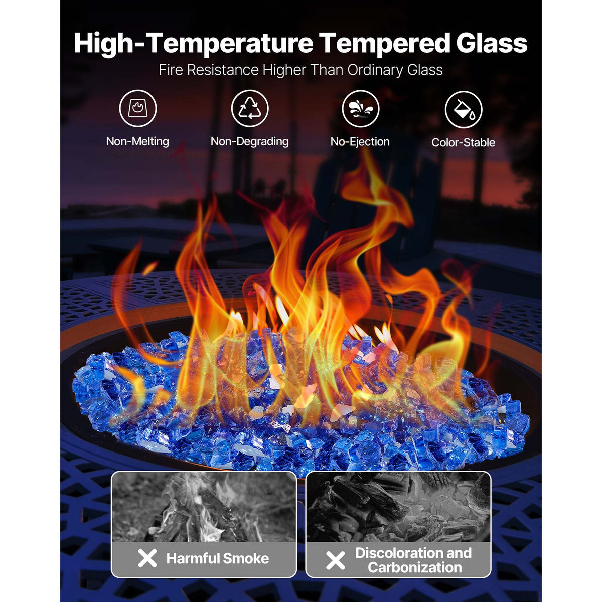 Fire Glass, 20LBS / 9KG High-Temperature Resistant Fireplace Rocks, 1/2-Inch / 12.7 mm Reflective & Smokeless Firepit Glass Rock, High Luster Stone Landscaping for Fire Pit Table, Cobalt Blue