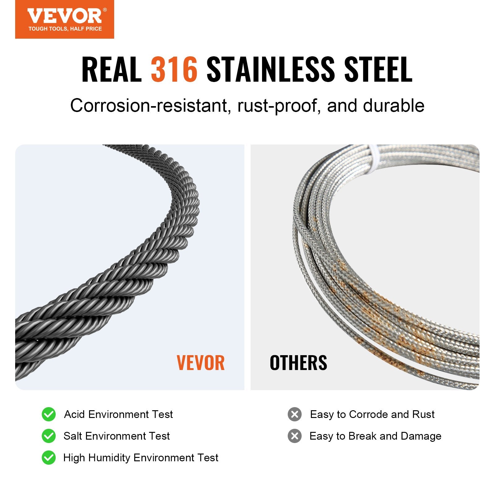 Automotive Repair & Speciality Tools: VEVOR T316 Stainless Steel Cable 3.18mm 7x7 Steel Wire Rope 152.4m Cable Railing