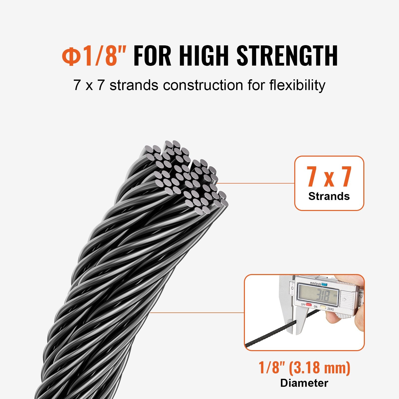 Automotive Repair & Speciality Tools: VEVOR T316 Stainless Steel Cable 3.18mm 7x7 Steel Wire Rope 152.4m Cable Railing