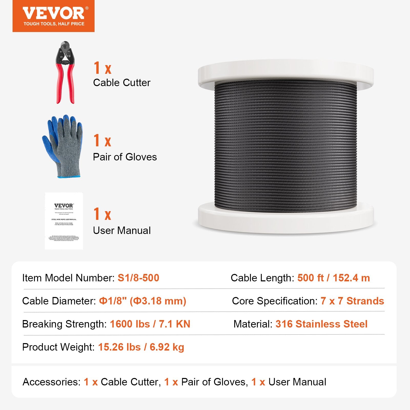 Automotive Repair & Speciality Tools: VEVOR T316 Stainless Steel Cable 3.18mm 7x7 Steel Wire Rope 152.4m Cable Railing