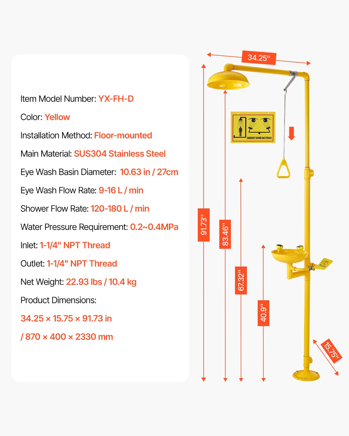 Tennis: VEVOR Emergency Shower Eye Wash Station, 34.25 x 15.75 x 91.73 Inch 304 Stainless Steel Eyewash and Shower Combination, OSHA-Approved First Aid Eye Wash Station, for Schools, Labs, Factories, Yellow