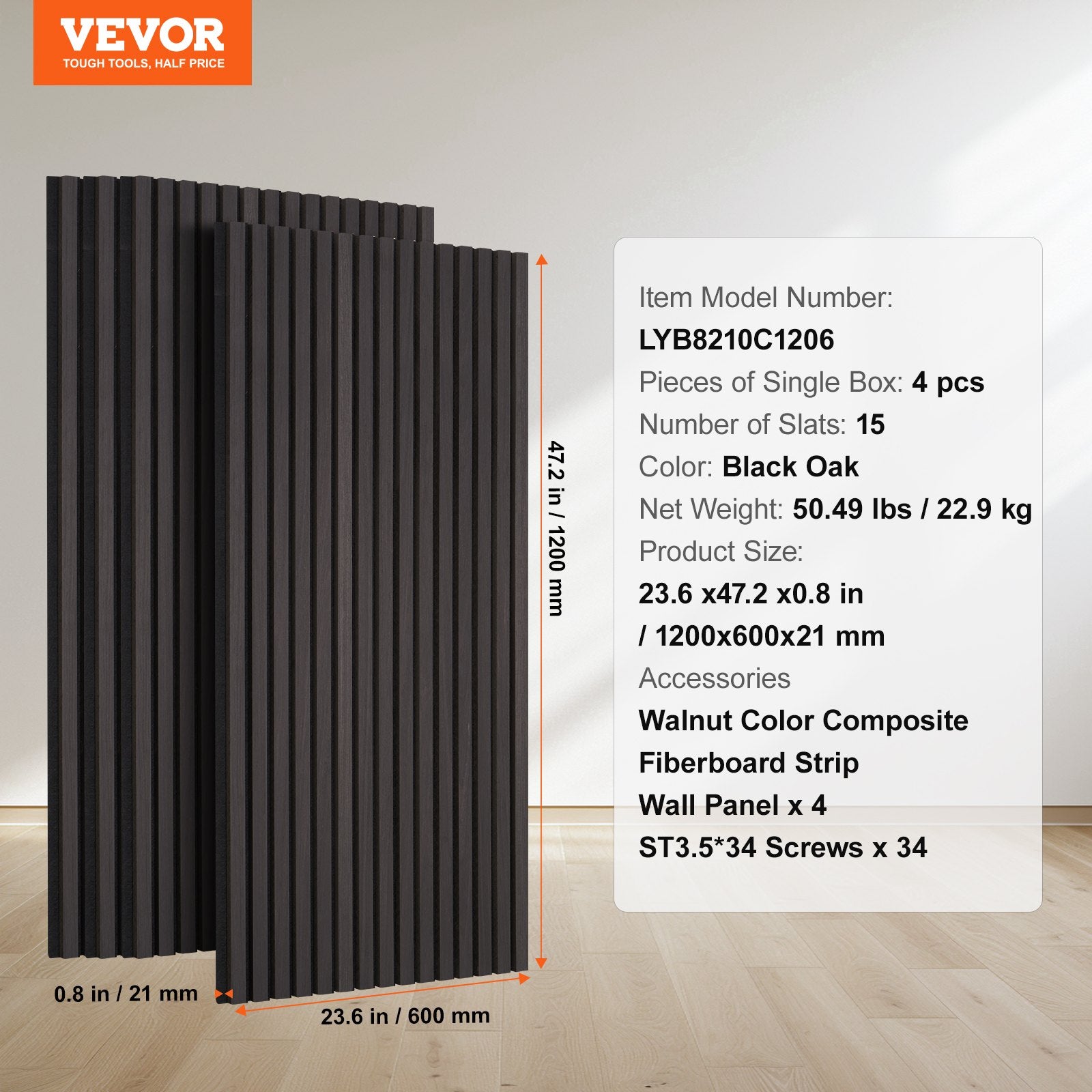 Wood Slat Acoustic Panels 23.6 x 47.2 inch for Modern Wall Decor Black Oak