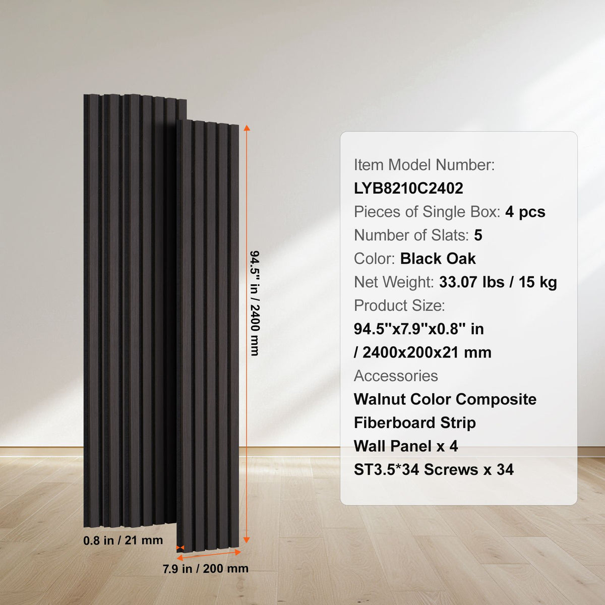 Wood Slat Acoustic Panels, 7.9 x 94.5 inch, MDF Accent Wooden Wall Panels for Modern Interior Wall Decor, Faux Wood Wall Board Panels for Noise Reduction, Black Oak