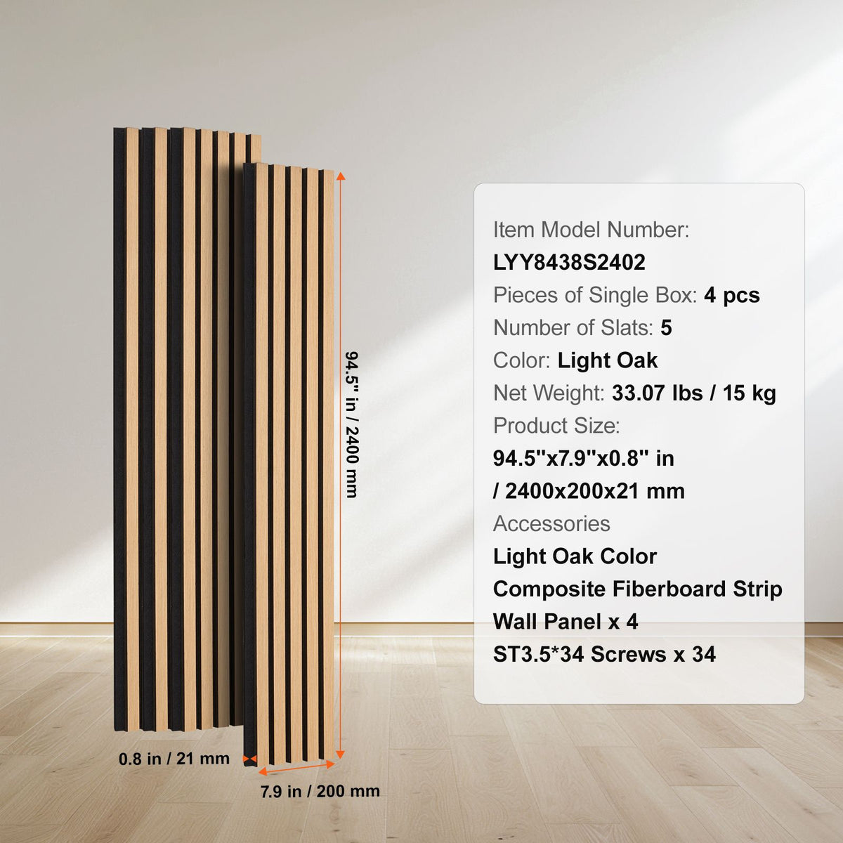 Wood Slat Acoustic Panels, 7.9 x 94.5 inch, MDF Accent Wooden Wall Panels for Modern Interior Wall Decor, Faux Wood Wall Board Panels for Noise Reduction, Light Oak
