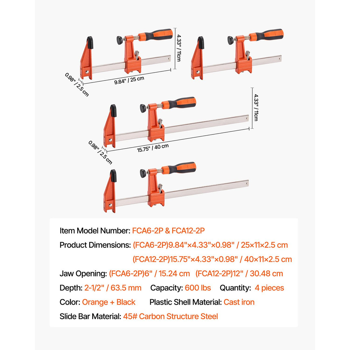 Bar Clamps for Woodworking, 2-Pack 15.24 cm and 2-Pack 30.48 cm, Lockable F-Clamp with 272 kg Load Limit, 63.5 mm Depth, Cast Iron and Carbon Steel, Wood Clamps for Woodworking Metal Working