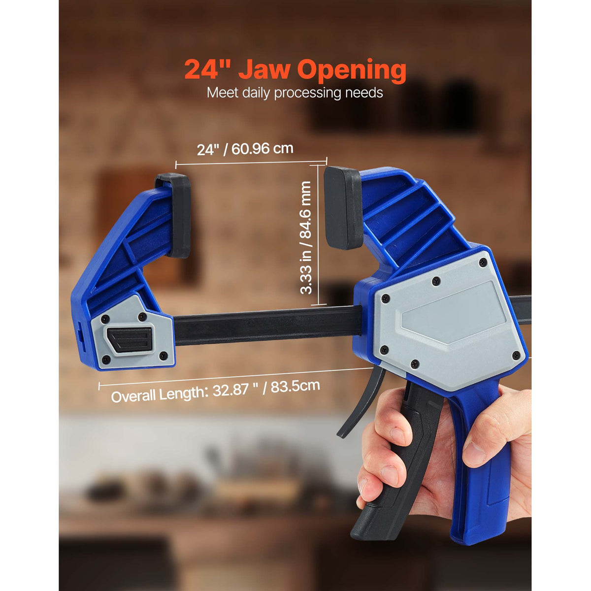 Bar Clamps for Woodworking, 2-Pack 60.96 cm One-Handed Clamp/Spreader, Quick-Grip F-Clamp with 154 kg Load Limit, Premium Plastic and Carbon Steel, for Woodworking Metal working, Blue + Black