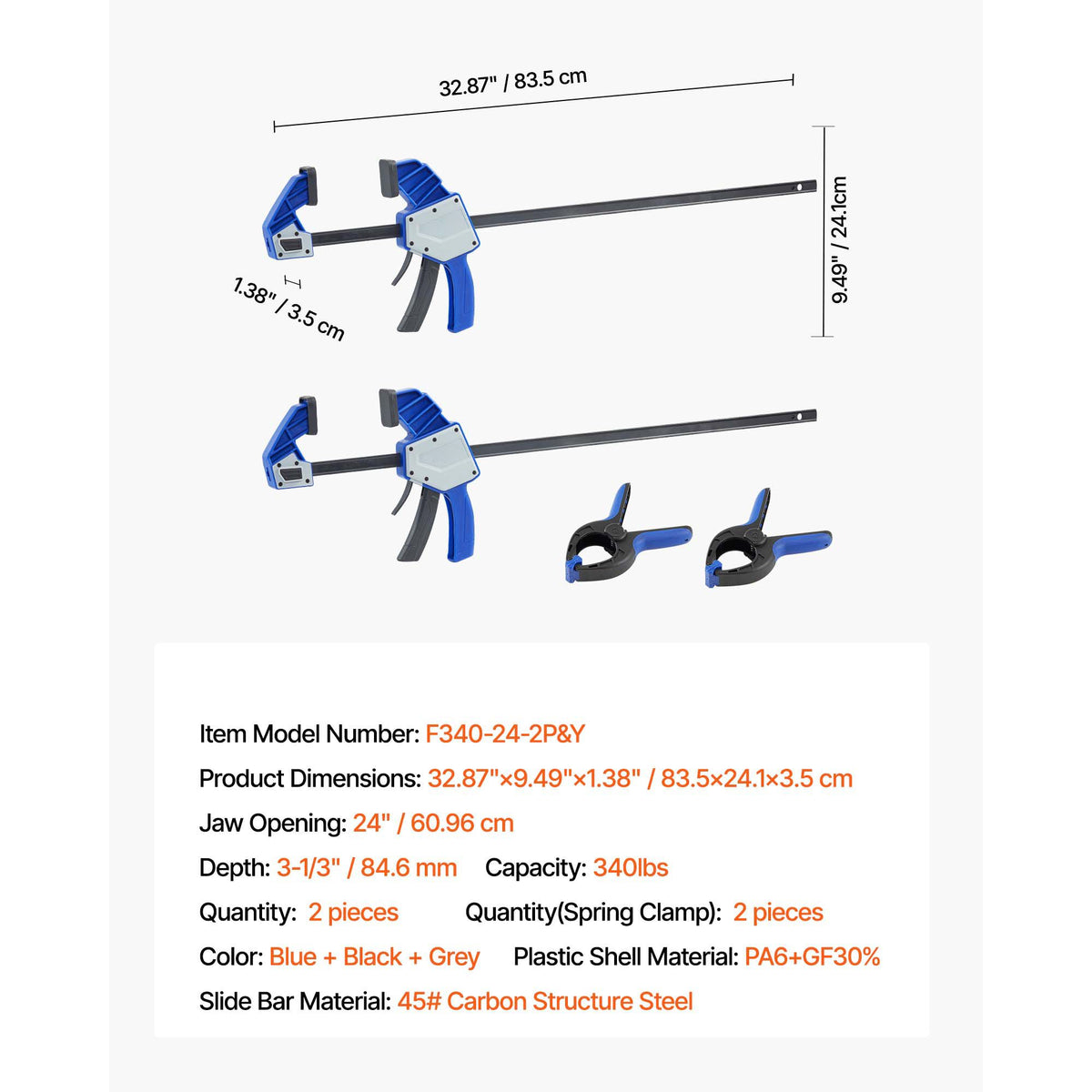 Bar Clamps for Woodworking, 2-Pack 60.96 cm One-Handed Clamp/Spreader, Quick-Grip F-Clamp with 154 kg Load Limit, Premium Plastic and Carbon Steel, for Woodworking Metal working, Blue + Black