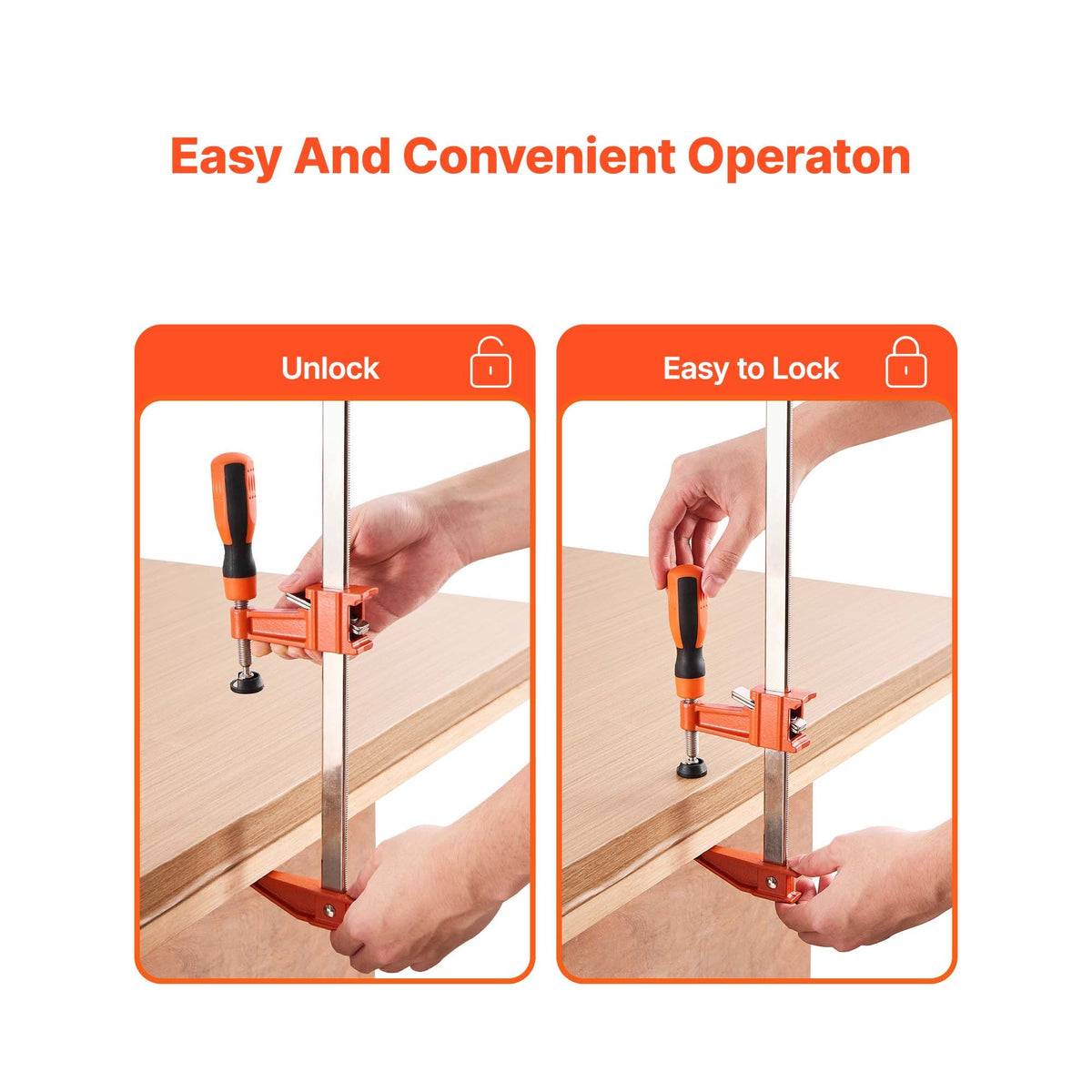 Bar Clamps for Woodworking, 2-Pack 610 mm Opening, Lockable F-Clamp with 272 kg Load Limit, 63.5 mm Depth, Cast Iron and Carbon Steel, Easy to Use, Wood Clamps for Woodworking Metal Working
