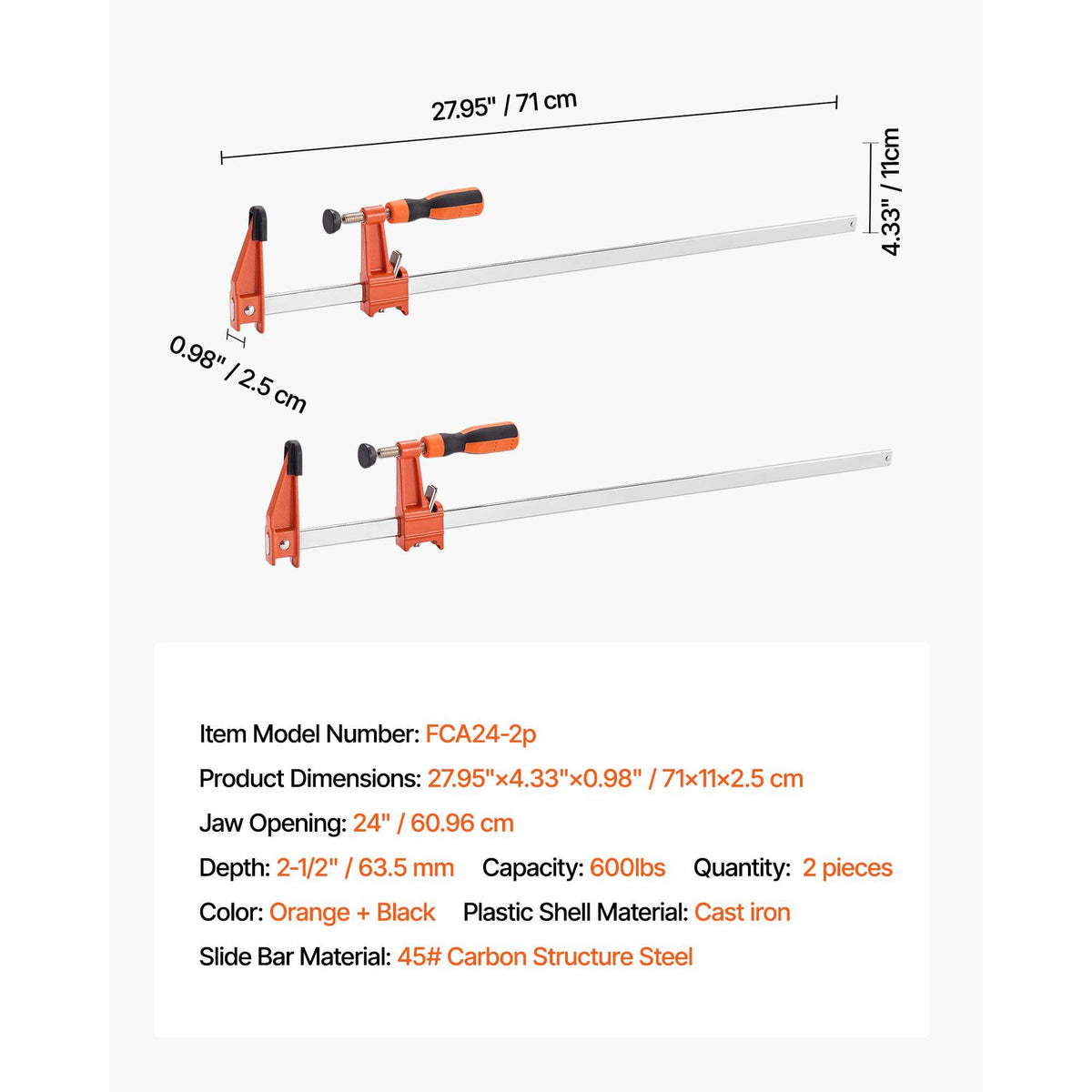 Bar Clamps for Woodworking, 2-Pack 610 mm Opening, Lockable F-Clamp with 272 kg Load Limit, 63.5 mm Depth, Cast Iron and Carbon Steel, Easy to Use, Wood Clamps for Woodworking Metal Working