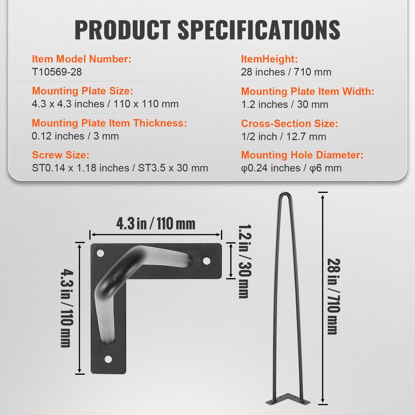 711.2MM Hairpin Furniture Legs, Metal Home DIY Projects for Nightstand, Coffee Table, Desk, 226.8KG Load Capacity with Rubber Floor Protectors, Metal Heavy Duty Sturdy Modern Table Legs, 4PCS