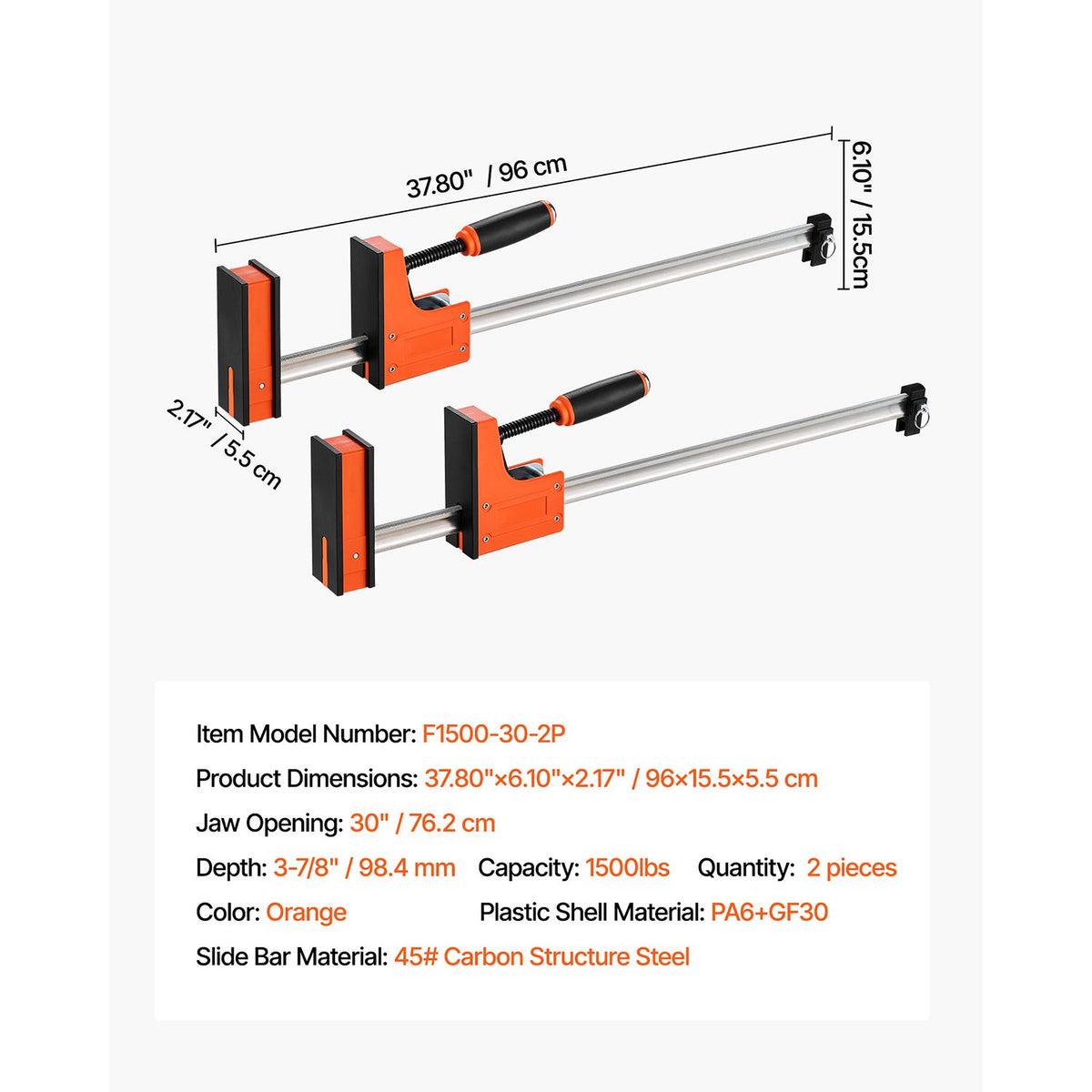 Bar Clamps for Woodworking, 2-Pack 76.2 cm Parallel Clamp Set, F-Clamp with 680 kg Load Limit, Even Pressure, High-strength Plastic and Carbon Steel, for Woodworking Metal Working, Orange