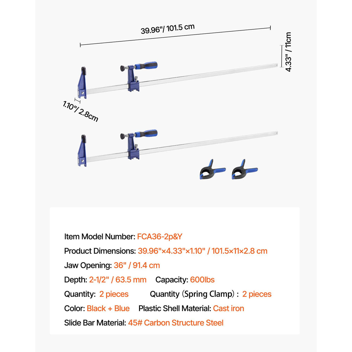 Bar Clamps for Woodworking, 2-Pack 91.4 cm Opening, Lockable F-Clamp with 272 kg Load Limit,63.5 mm Depth, Cast Iron and Carbon Steel, Easy to Use, Wood Clamps for Woodworking Metal Working
