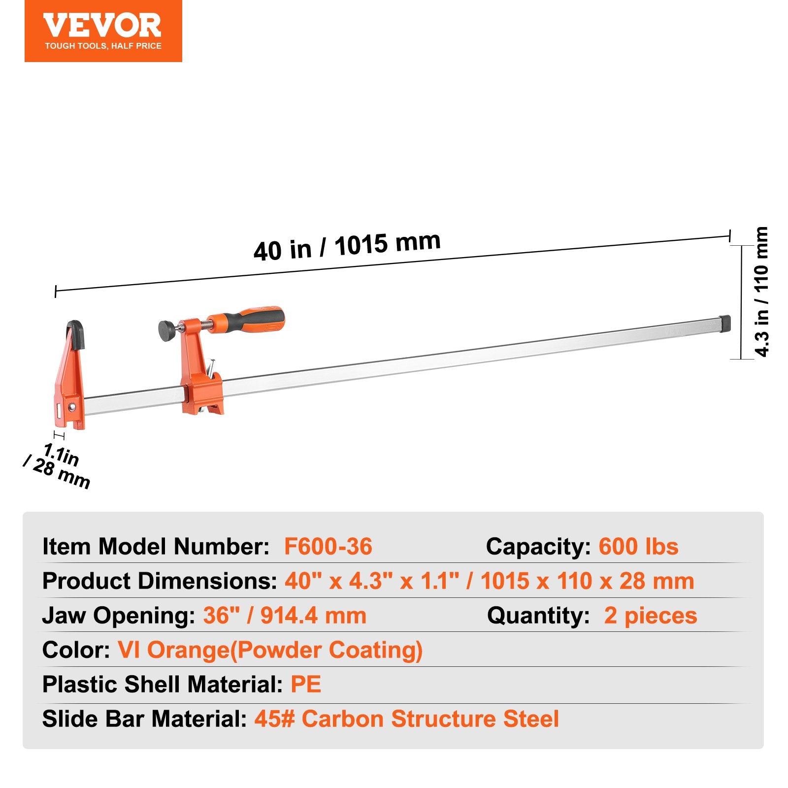 Tool Clamps & Vices: VEVOR Bar Clamps for Woodworking, 2-Pack 914mm Clamp, Quick-Change F Clamp with 600 lbs Load Limit, 2.5" Throat Depth, Cast Iron and Carbon Steel, Wood Clamps for Woodworking Metal Working