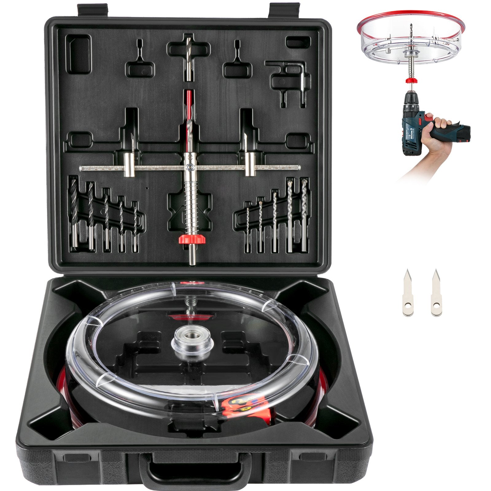 Audio Accessories: VEVOR Adjustable Hole Saw Cutter Kit, 1-5/8"" to 11-13 /16"" (40-300 mm), Recessed Hole Saw with PC Dust Shield, Two Replaceable Pilot Drill Bits, for Recessed Lights, Ceiling Speakers, Vent Holes