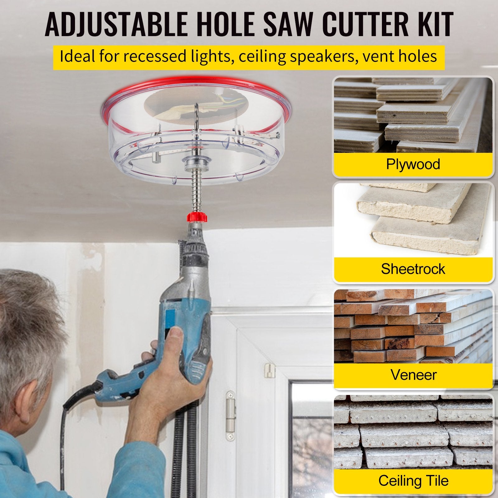Audio Accessories: VEVOR Adjustable Hole Saw Cutter Kit, 1-5/8"" to 11-13 /16"" (40-300 mm), Recessed Hole Saw with PC Dust Shield, Two Replaceable Pilot Drill Bits, for Recessed Lights, Ceiling Speakers, Vent Holes