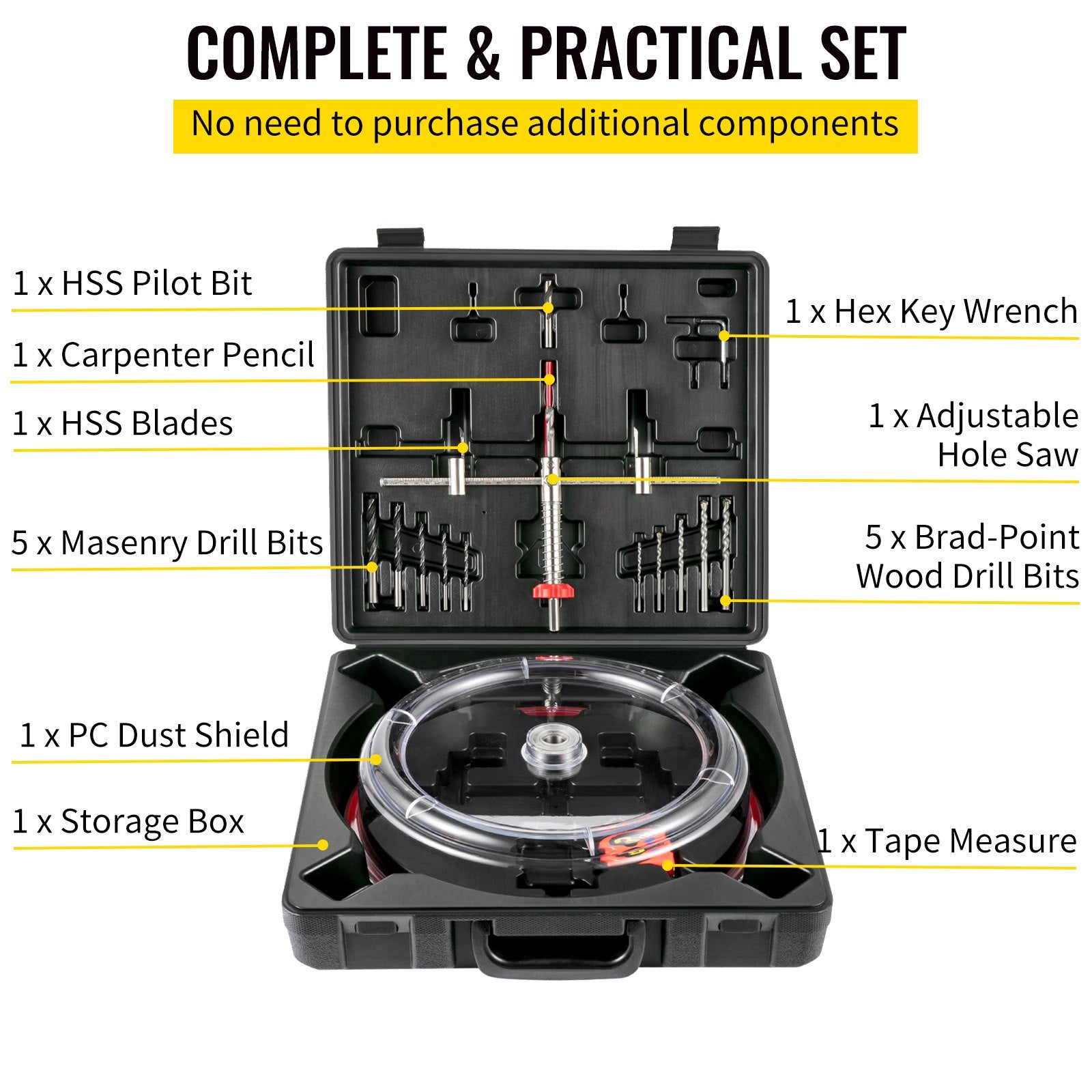 Audio Accessories: VEVOR Adjustable Hole Saw Cutter Kit, 1-5/8"" to 11-13 /16"" (40-300 mm), Recessed Hole Saw with PC Dust Shield, Two Replaceable Pilot Drill Bits, for Recessed Lights, Ceiling Speakers, Vent Holes