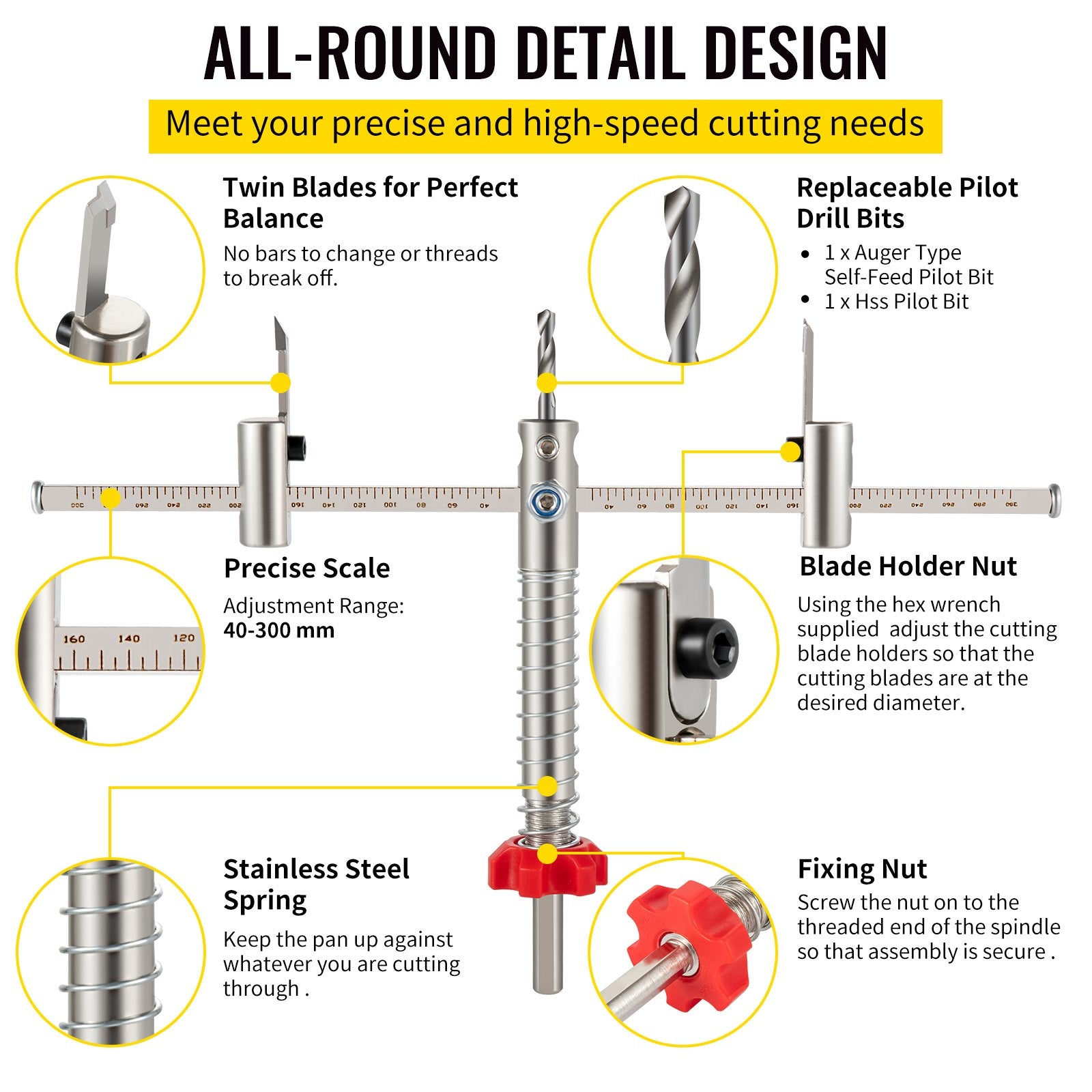 Audio Accessories: VEVOR Adjustable Hole Saw Cutter Kit, 1-5/8"" to 11-13 /16"" (40-300 mm), Recessed Hole Saw with PC Dust Shield, Two Replaceable Pilot Drill Bits, for Recessed Lights, Ceiling Speakers, Vent Holes