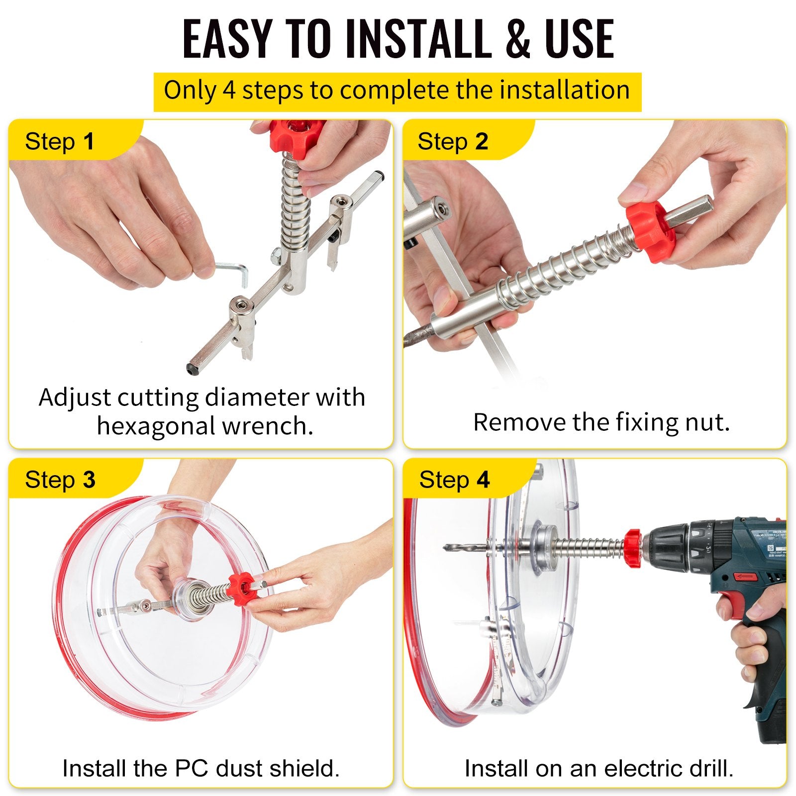 Audio Accessories: VEVOR Adjustable Hole Saw Cutter Kit, 1-5/8"" to 11-13 /16"" (40-300 mm), Recessed Hole Saw with PC Dust Shield, Two Replaceable Pilot Drill Bits, for Recessed Lights, Ceiling Speakers, Vent Holes