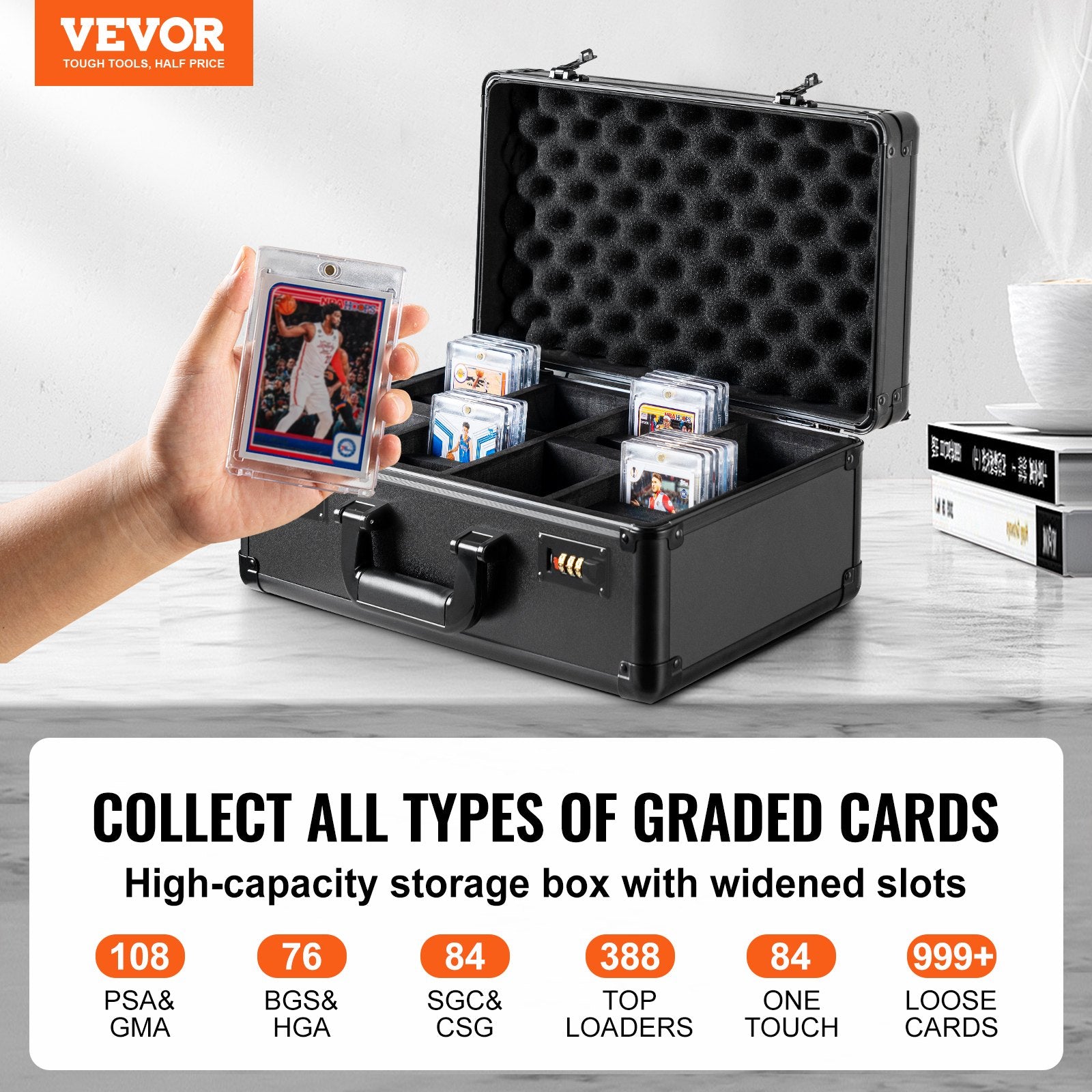 Wedding Favours: VEVOR Graded Card Storage Box, 4 Slots, Graded Sports Cards Holder Carrying Case with Coded Lock Foam Dividers, for 108 PSA Graded Cards 76 BGS Cards 84 SGC Cards 388 Top Loaders or 999+ Loose Cards