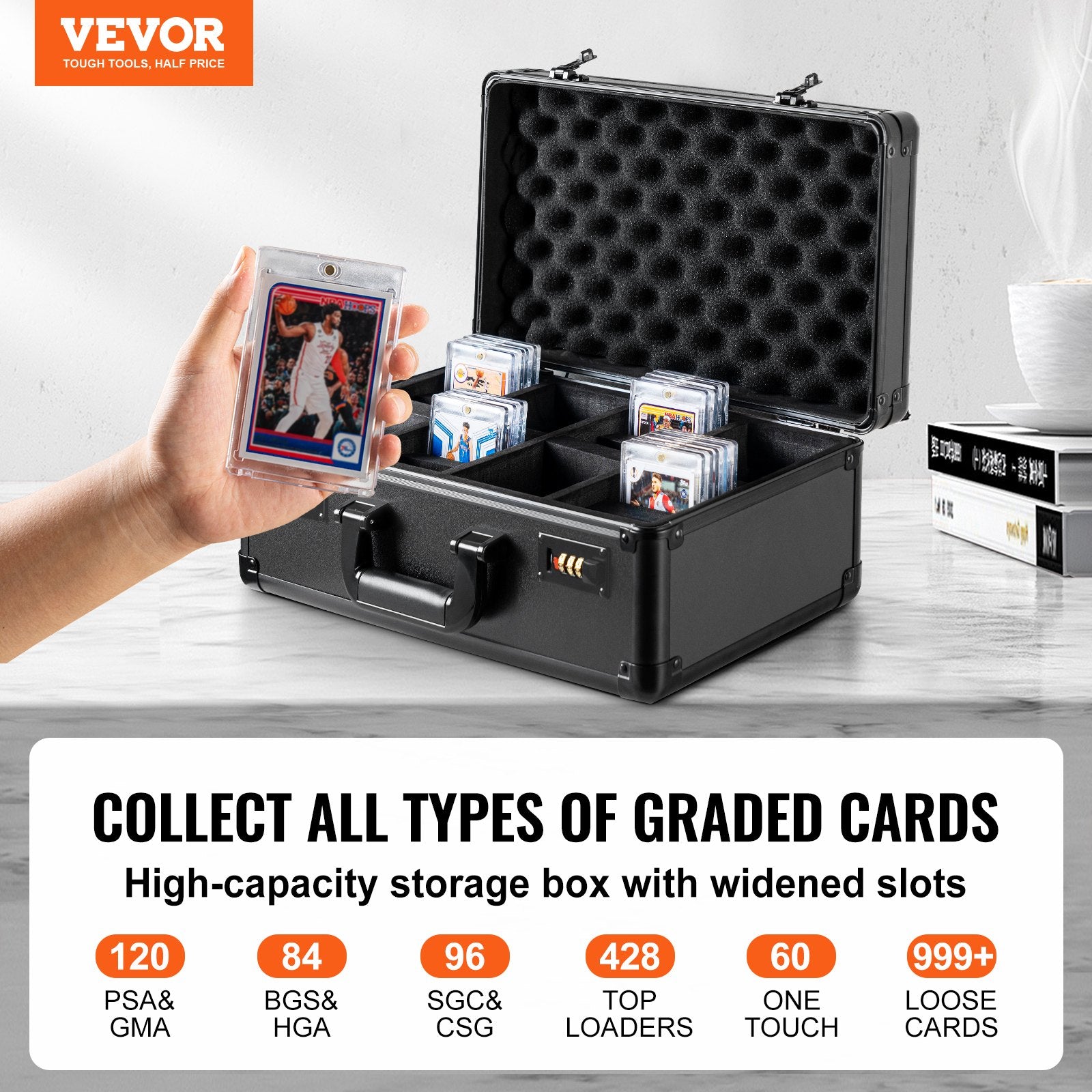 Wedding Favours: VEVOR Graded Card Storage Box, 4 Slots, Graded Sports Cards Holder Carrying Case with Coded Lock Foam Dividers, for 120 PSA Graded Cards 84 BGS Cards 96 SGC Cards 428 Top Loaders or 999+ Loose Cards