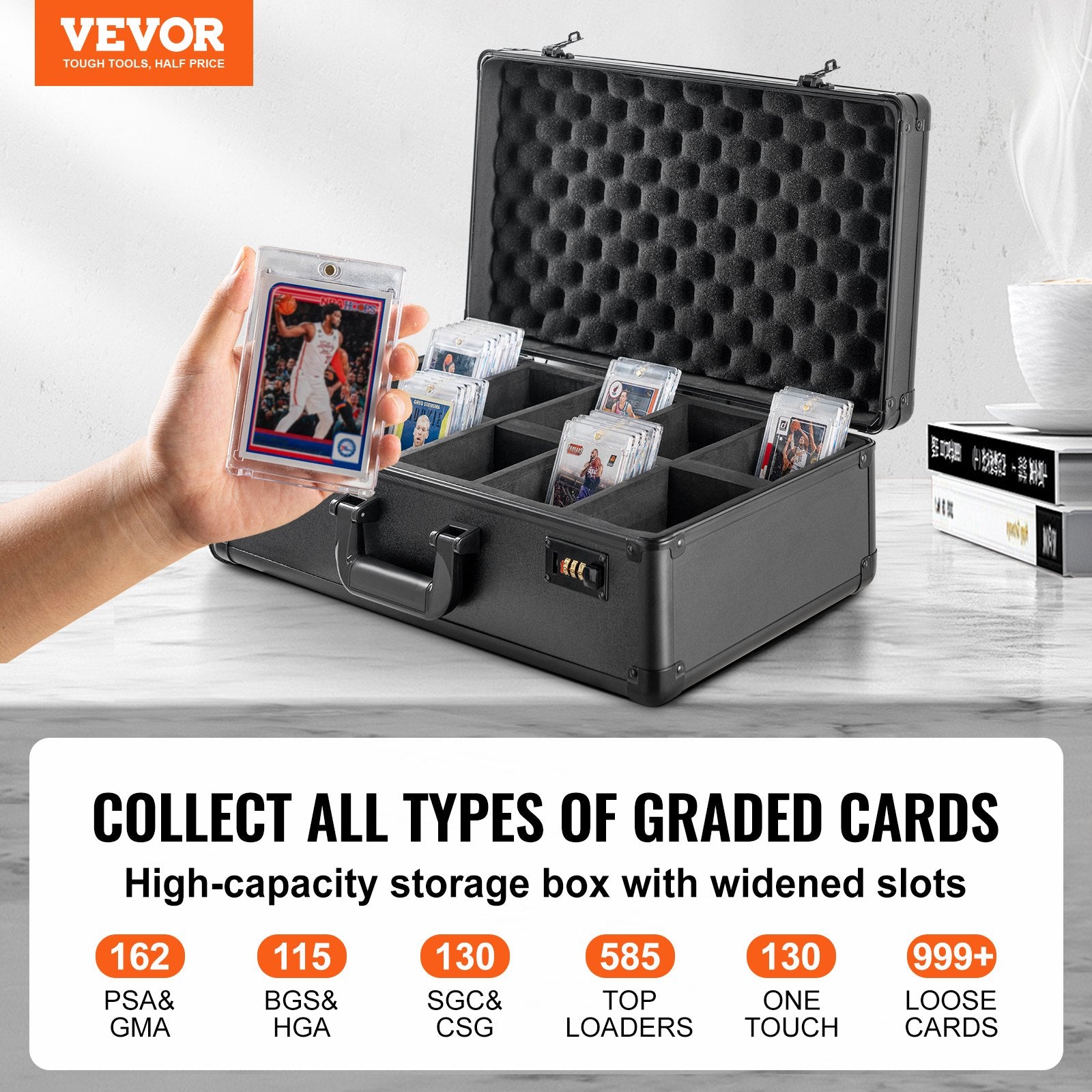 Wedding Favours: VEVOR Graded Card Storage Box, 5 Slots, Graded Sports Cards Holder Carrying Case with Coded Lock Foam Dividers, for 162 PSA Graded Cards 115 BGS Cards 130 SGC Cards 585 Top Loaders or 999+ Loose Cards