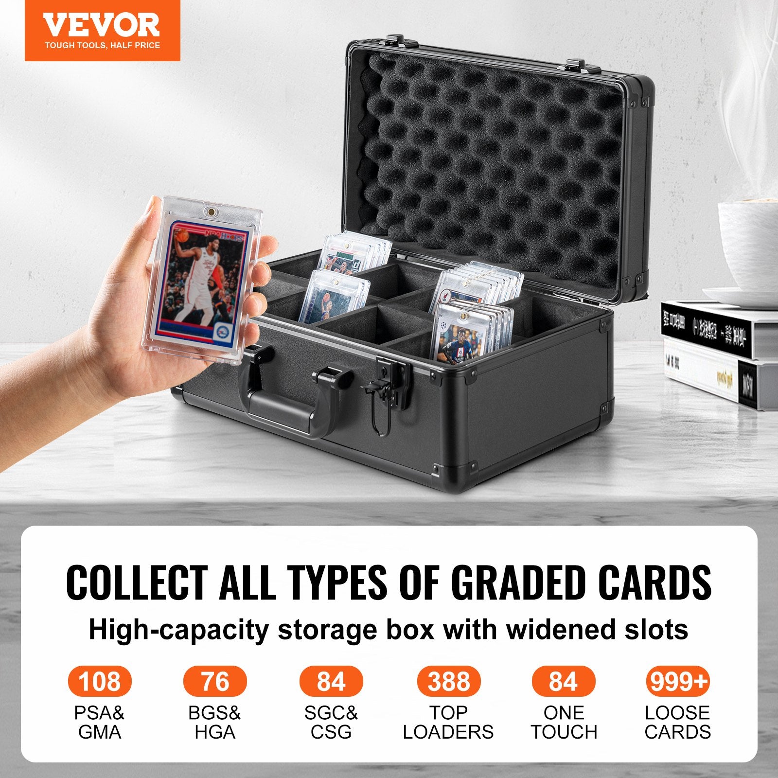 Cable Management: VEVOR Graded Card Storage Box, 4 Slots, Graded Sports Cards Holder Carrying Case with Key Lock Foam Dividers, for 108 PSA Graded Cards 76 BGS Cards 84 SGC Cards 388 Top Loaders or 999+ Loose Cards