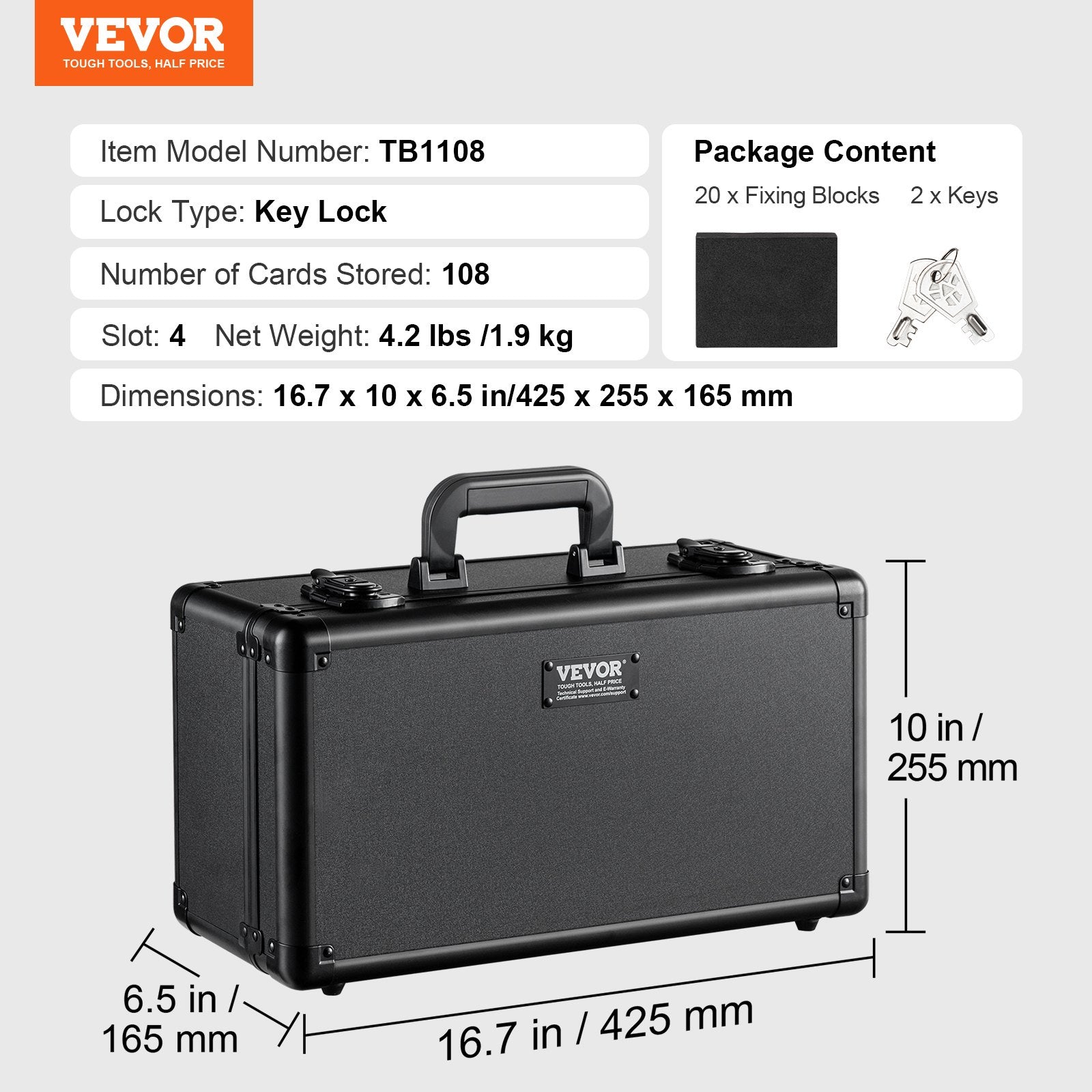Cable Management: VEVOR Graded Card Storage Box, 4 Slots, Graded Sports Cards Holder Carrying Case with Key Lock Foam Dividers, for 108 PSA Graded Cards 76 BGS Cards 84 SGC Cards 388 Top Loaders or 999+ Loose Cards
