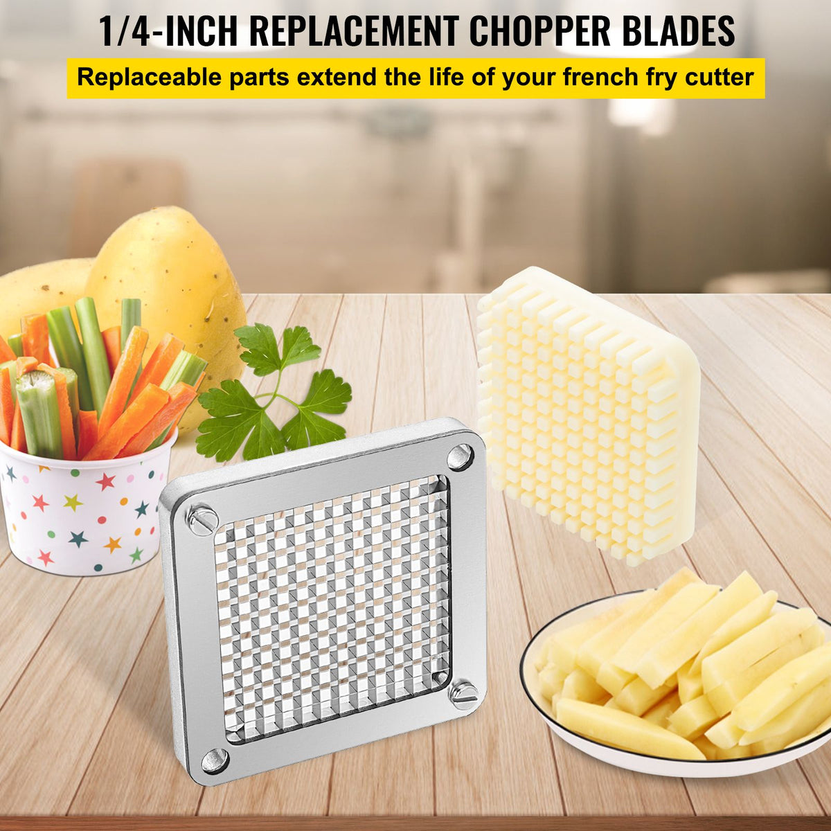 Replacement Chopper Blade, 1/4 inch, 3 PCS French Fry Blade Assembly with 6 Extra Knives, Stainless Steel Dicer Parts and Push Block for Cutting Potatoes Carrots Onions Cucumbers Mushrooms