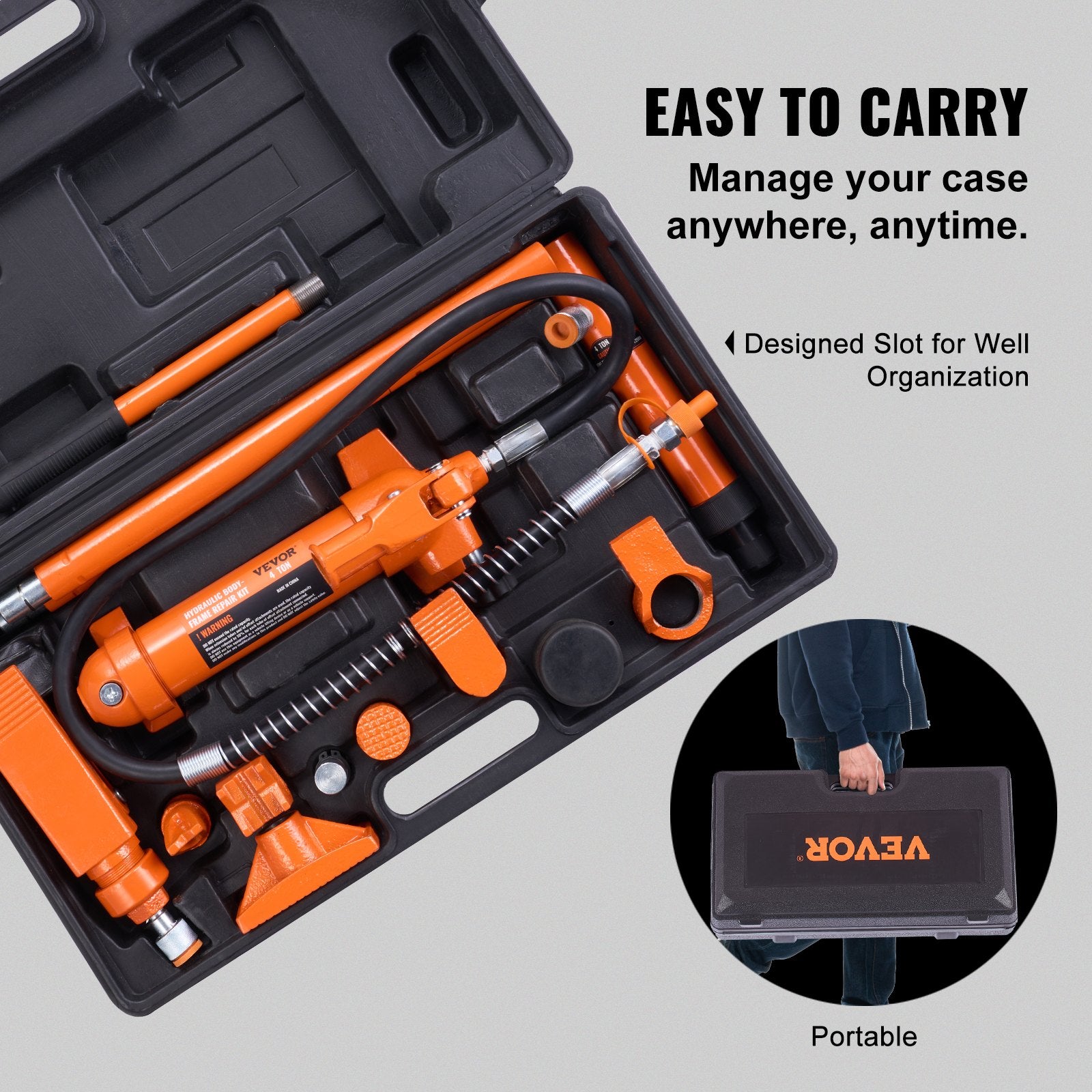 4 Ton Porta Power Kit, Portable Hydraulic Jack with 3.9 ft/1.2 m Oil Hose, Auto Body Frame Repair Kit with Storage Case for Car Repair, Truck, Farm (8800 LBS)