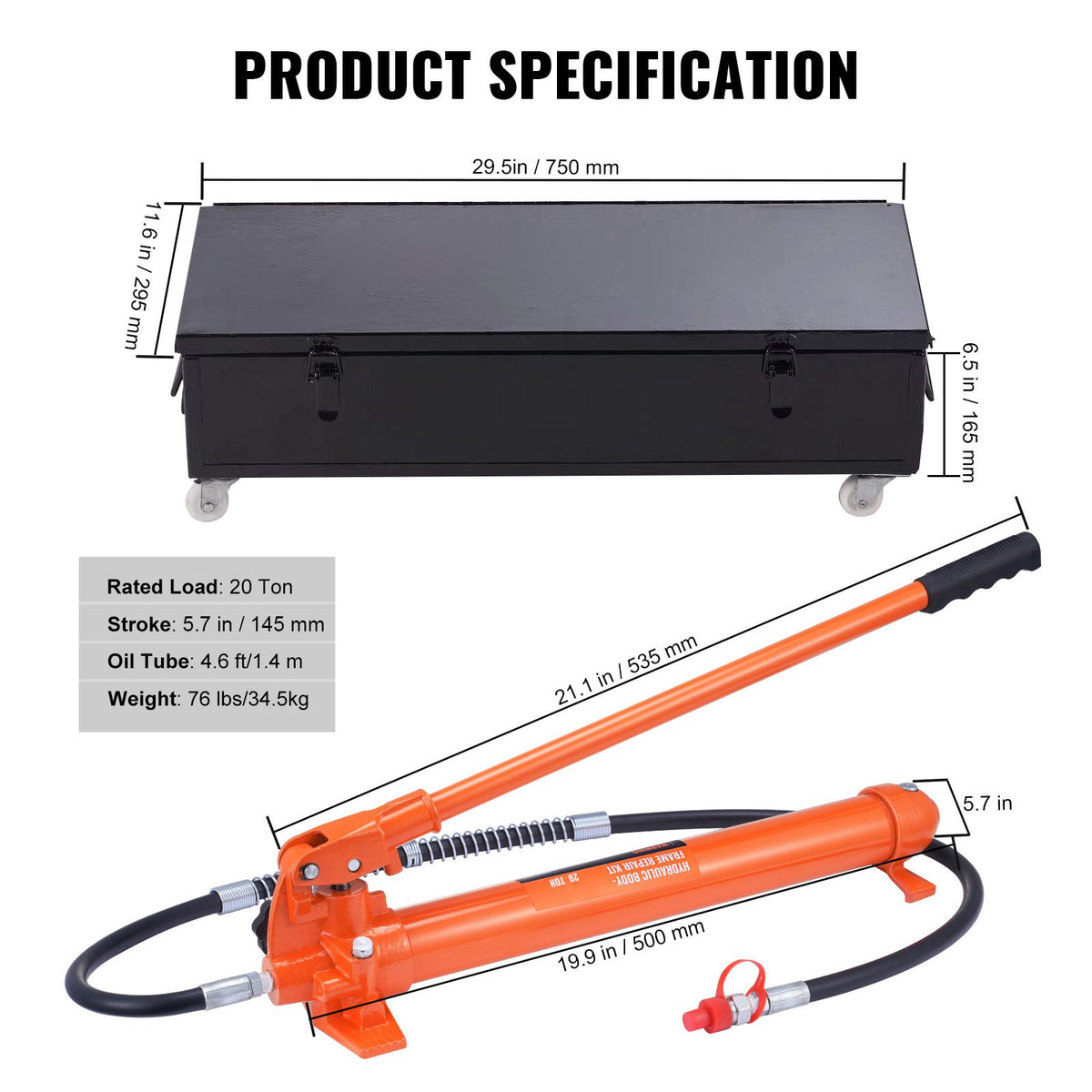 20 Ton Porta Power Kit, Portable Hydraulic Jack with 4.6 ft/1.4 m Oil Hose, Car Frame Repair Tool with Storage Case for Automotive, Heavy Equipment, Mechanic (44000 LBS)