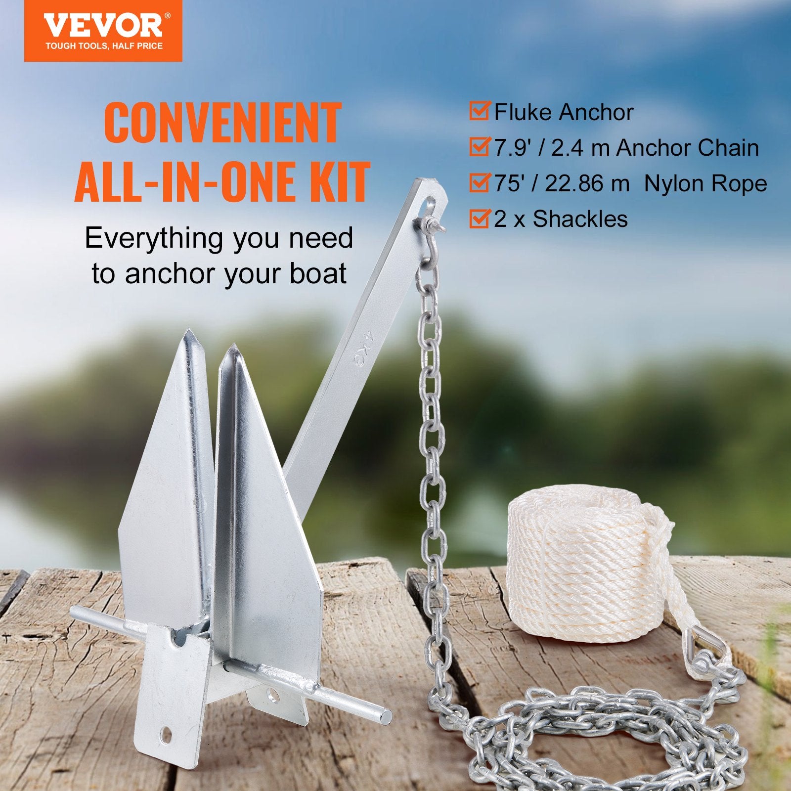 Boating Accessories: VEVOR Fluke Anchor 8.5 LBS Galvanized Steel Boat Anchor Chain Rop Two Shackles