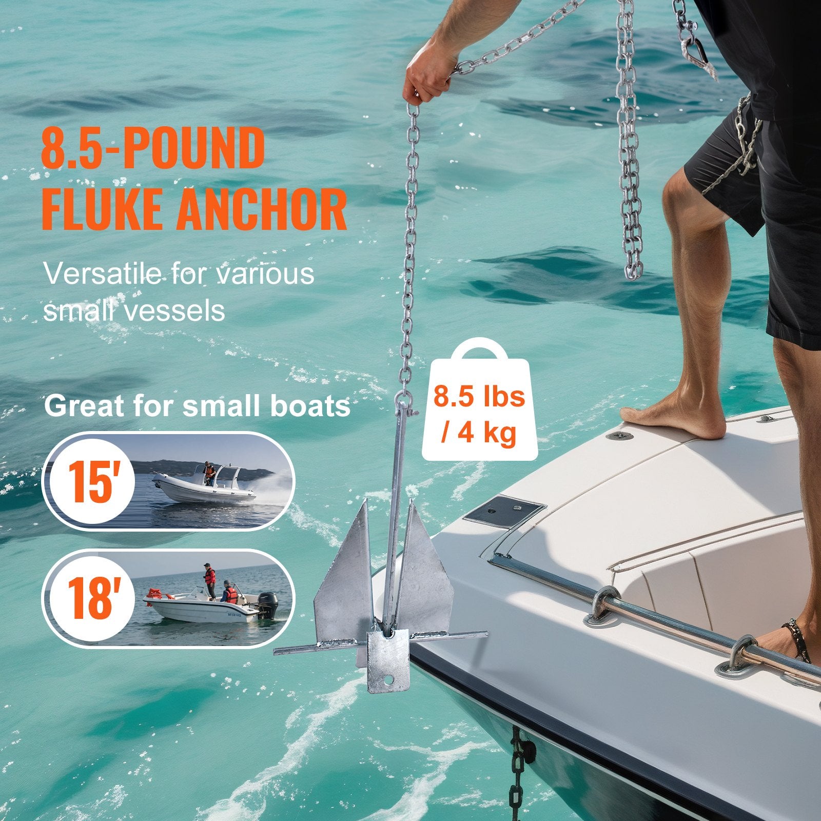 Boating Accessories: VEVOR Fluke Anchor 8.5 LBS Galvanized Steel Boat Anchor Chain Rop Two Shackles