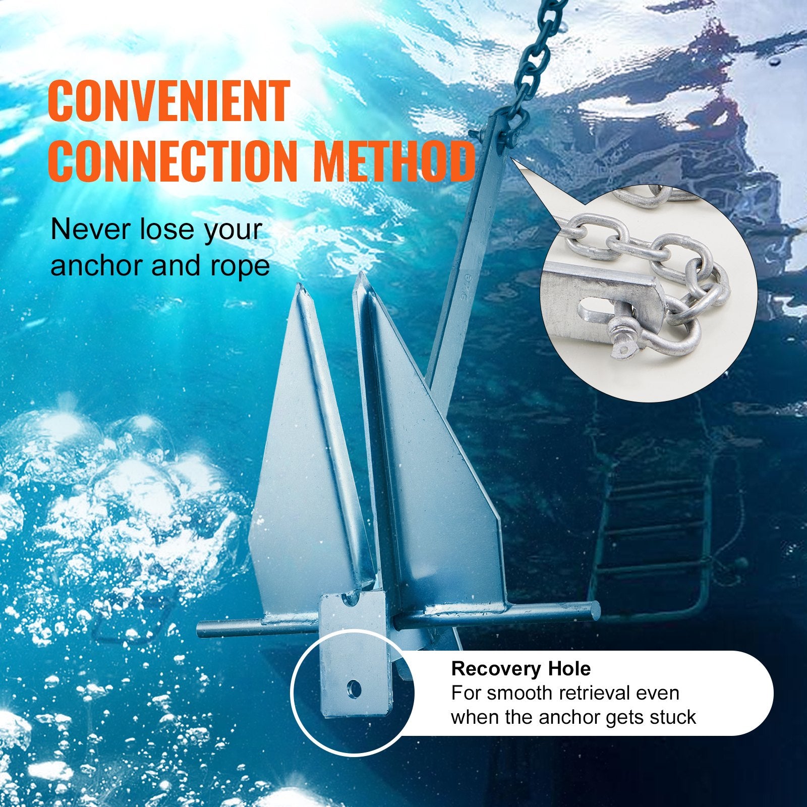 Boating Accessories: VEVOR Fluke Anchor 8.5 LBS Galvanized Steel Boat Anchor Chain Rop Two Shackles