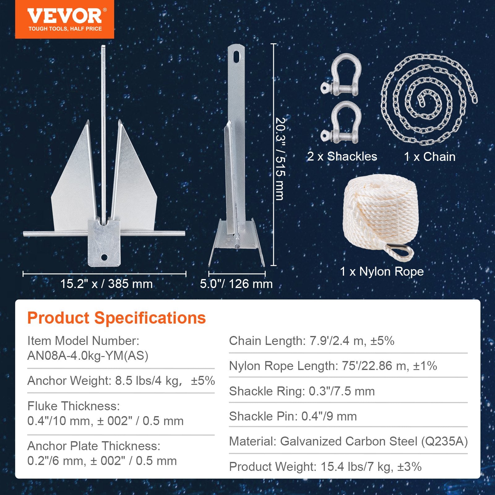 Boating Accessories: VEVOR Fluke Anchor 8.5 LBS Galvanized Steel Boat Anchor Chain Rop Two Shackles