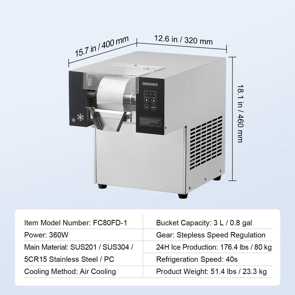 Commercial Snowflake Ice Machine, 176.4LBS/24H Snowflake Ice Maker, Stainless Steel Ice Shaver Machine, Electric Snow Cone Maker, Air Cooling System for Rapid Heat Dissipation, for Bakery, Cafe