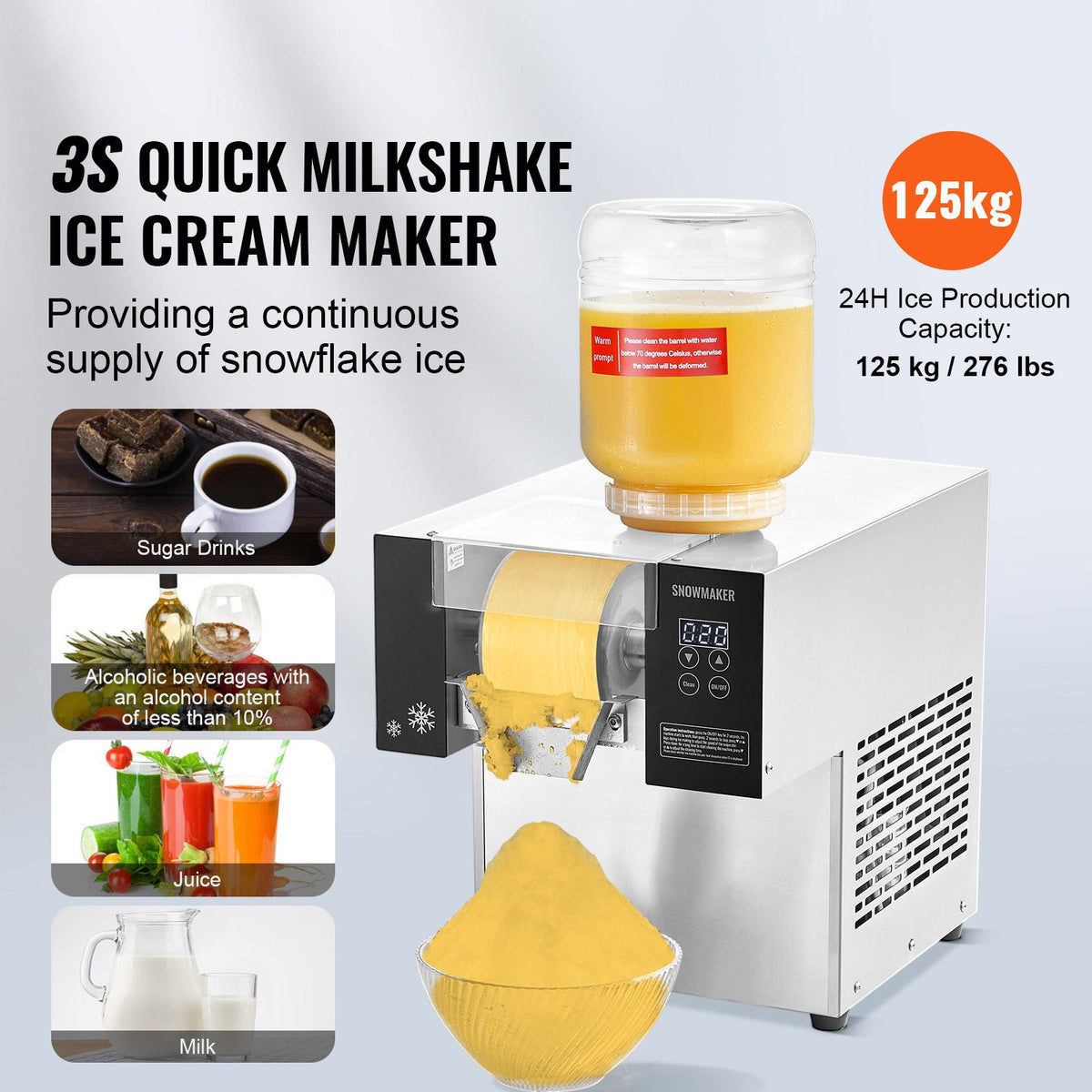Commercial Snowflake Ice Machine, 276LBS/24H Snowflake Ice Maker, Stainless Steel Ice Shaver Machine, Electric Snow Cone Maker, Air Cooling System for Rapid Heat Dissipation, for Bakery, Cafe