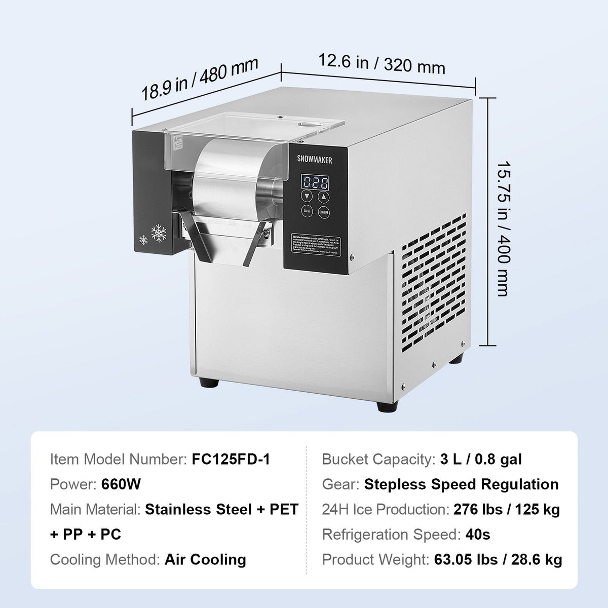 Commercial Snowflake Ice Machine, 276LBS/24H Snowflake Ice Maker, Stainless Steel Ice Shaver Machine, Electric Snow Cone Maker, Air Cooling System for Rapid Heat Dissipation, for Bakery, Cafe