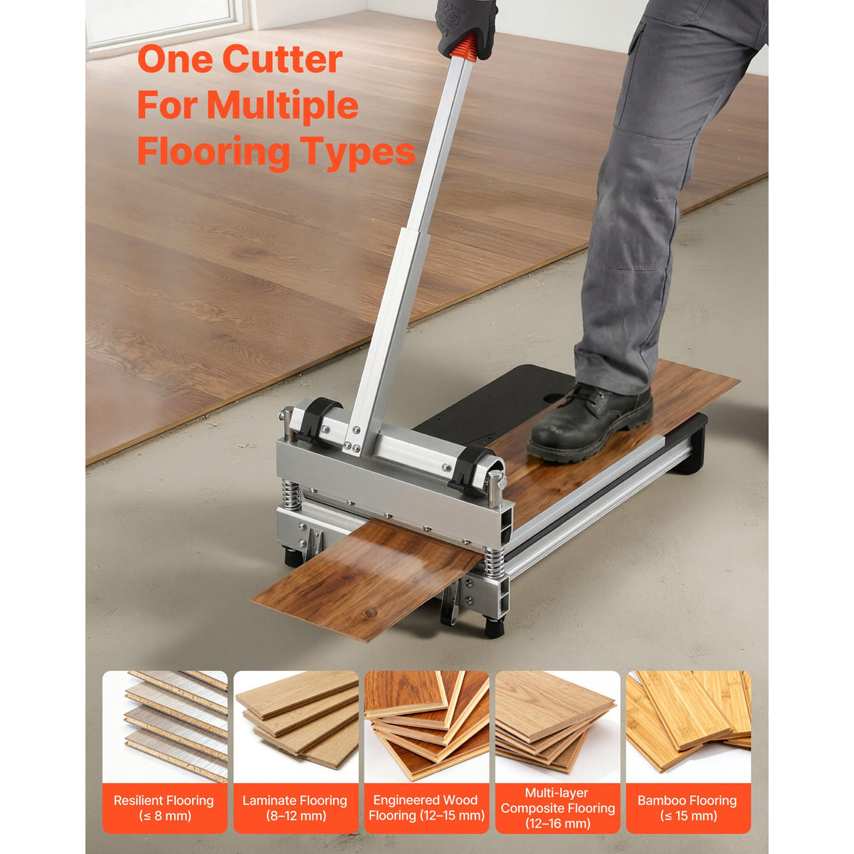 330mm Vinyl Floor Cutter, 16mm Thick Laminate Flooring Cutter with 15°/30°/45° Adjustable Angle Settings, Flexible Wheels, Telescoping Handle, Cuts Engineered Wood, LVT, VCT, SPC, LVP, WPC