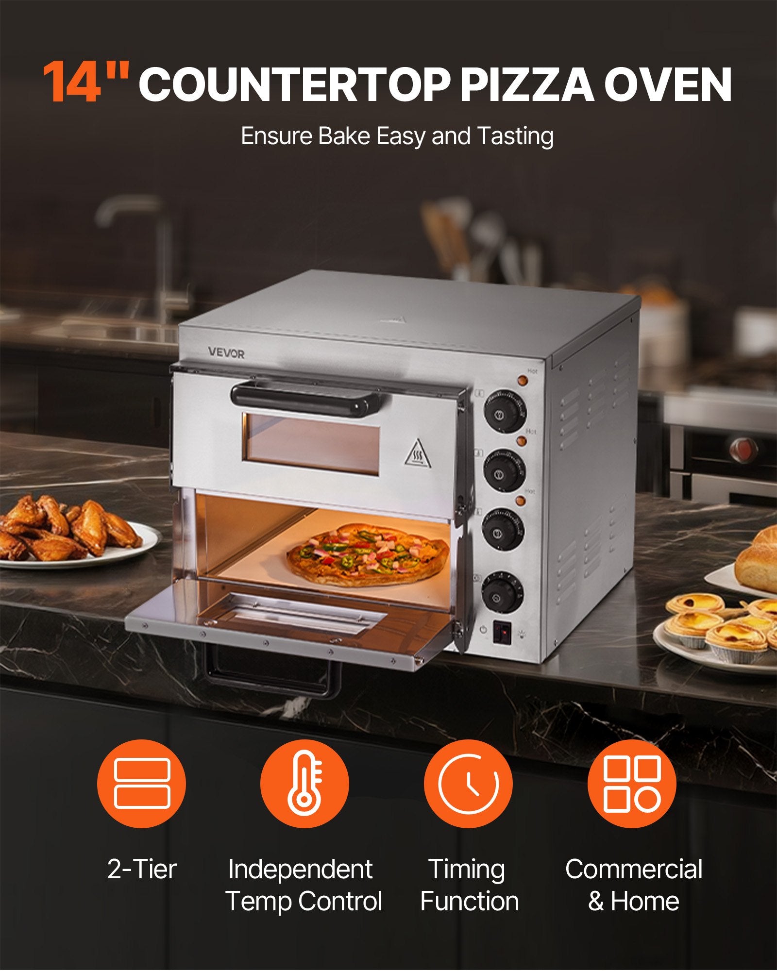 Commercial Pizza Oven Countertop, 14-Inch Double Deck Layer, Stainless Steel Electric Pizza Oven with Stone and Handle, Multipurpose Indoor Pizza Maker for Restaurant Home Pretzels Baked