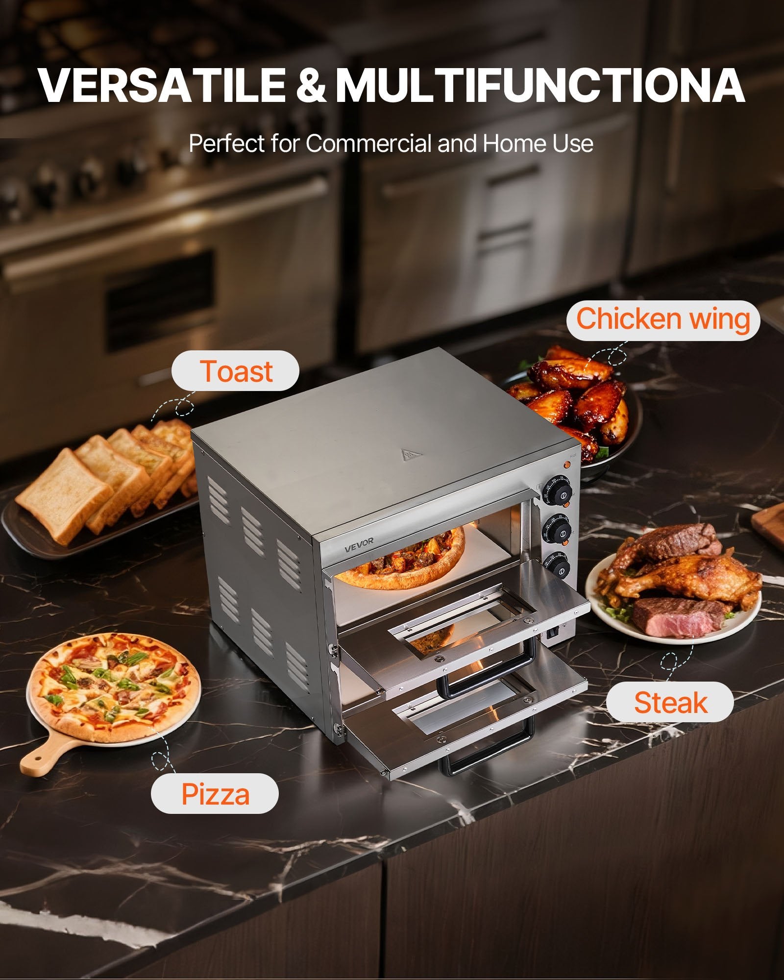 Commercial Pizza Oven Countertop, 14-Inch Double Deck Layer, Stainless Steel Electric Pizza Oven with Stone and Handle, Multipurpose Indoor Pizza Maker for Restaurant Home Pretzels Baked